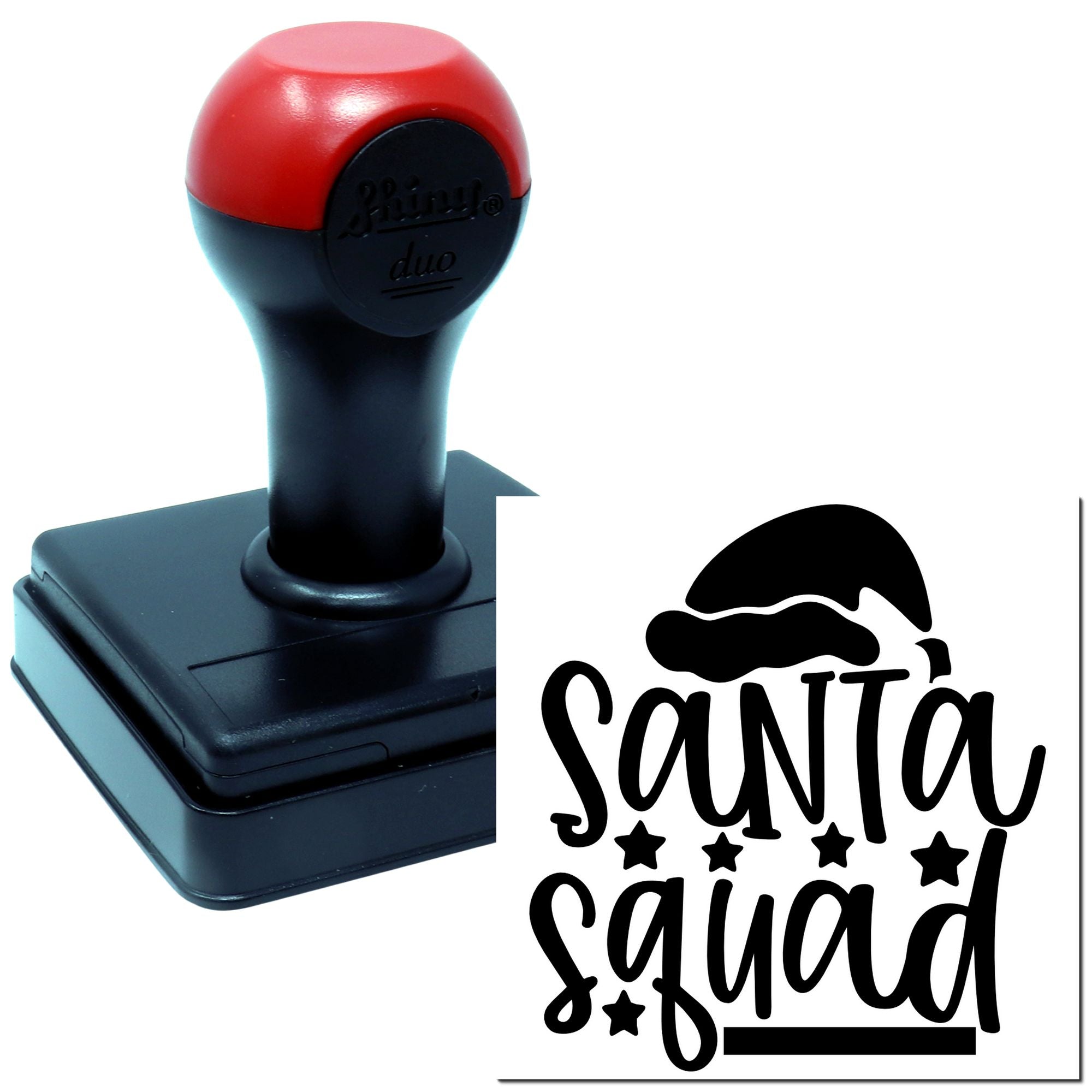 Santa Squad custom rubber stamp with self-inking handle for Christmas cards, holiday crafts, and festive party favors.