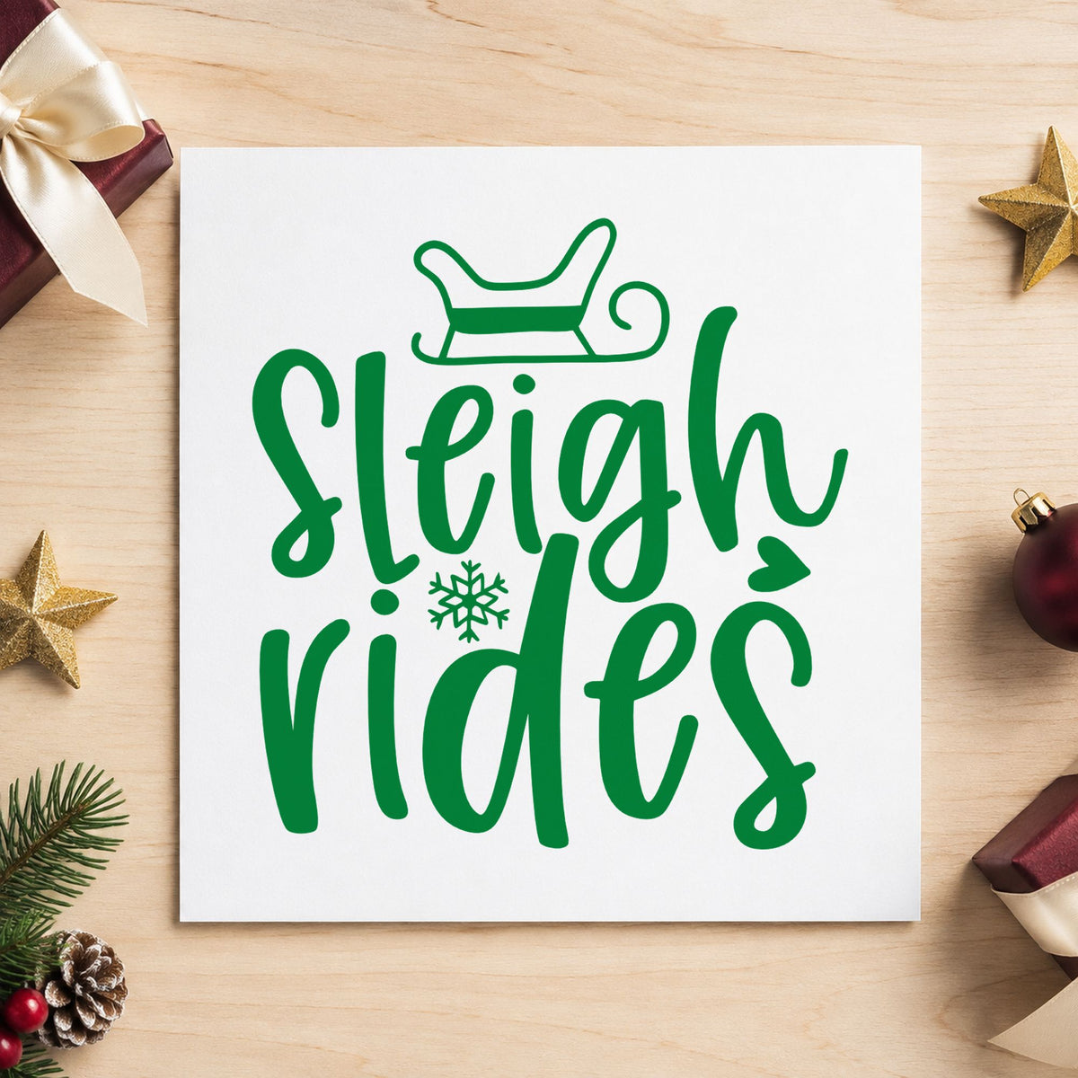 Sleigh Rides With Snowflake craft stamp imprint in green ink on a handmade project, one idea being guest welcome cards.