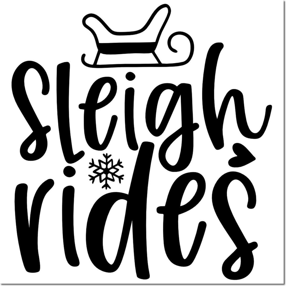 Sleigh rides holiday rubber stamp design with sleigh icon and snowflake, perfect for Christmas cards and winter crafts.