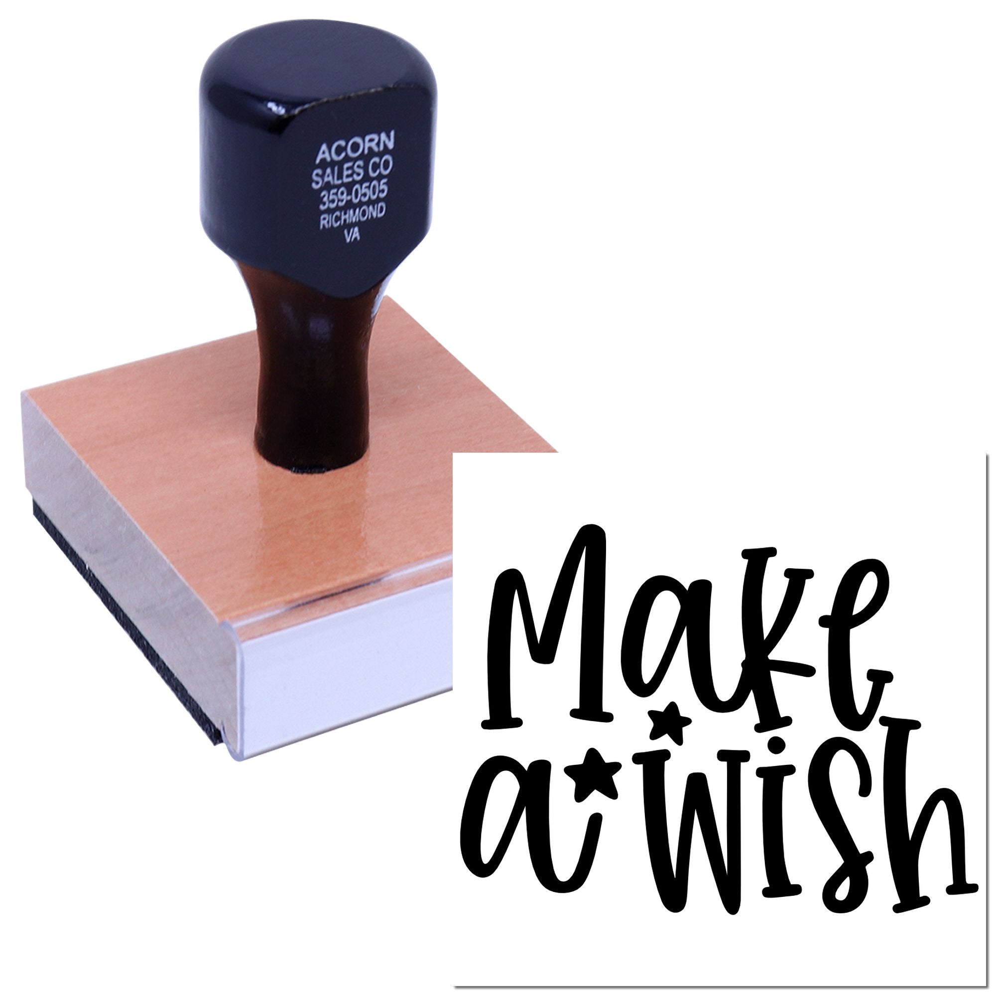 Custom wood handle rubber stamp with Make a Wish design for crafts, cards, and personalized stationery.