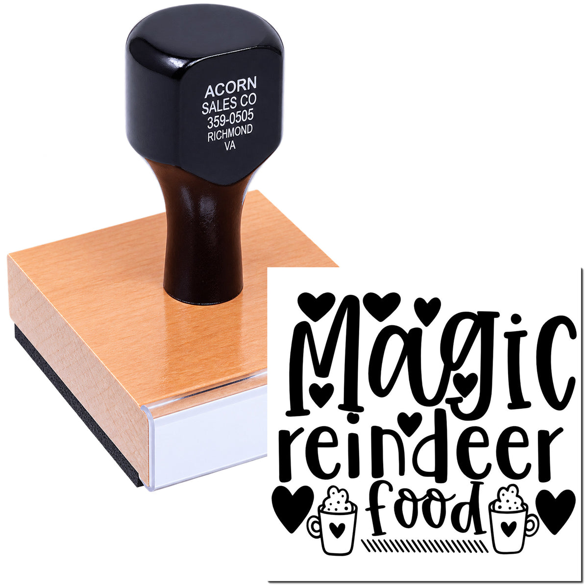 Custom rubber stamp for Magic Reindeer Food labels, featuring hearts and festive lettering on a wood-mounted stamp.