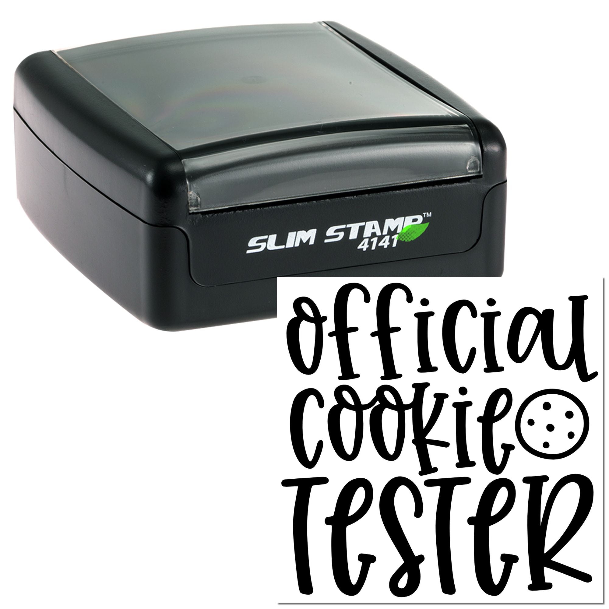 Slim Stamp 4141 self-inking rubber stamp with Official Cookie Tester imprint for baker and bakery use.
