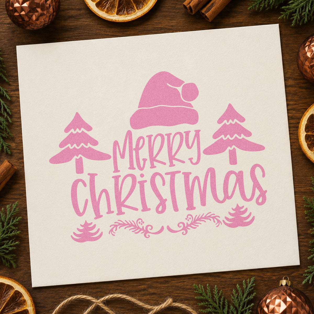 Merry Christmas Hat Trees craft stamp in purple ink on cardstock, an easy option for forest album page.