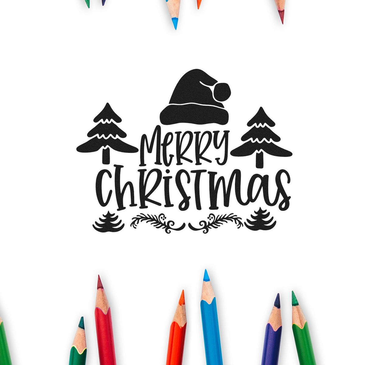 Merry Christmas rubber stamp design with Santa hat and pine trees, ideal for holiday cards, crafts, and festive projects.
