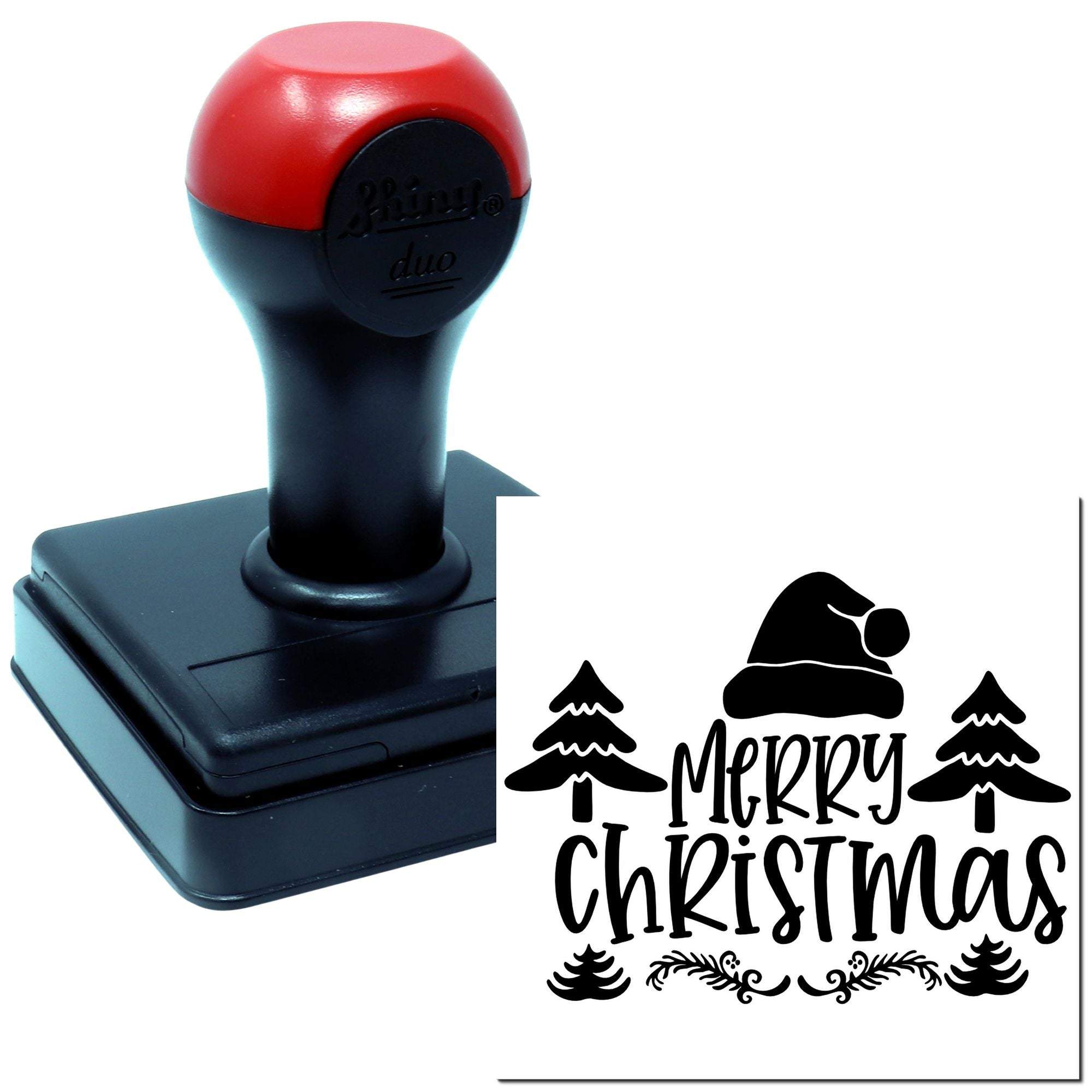 Custom Merry Christmas self-inking rubber stamp with holiday tree and Santa hat design for festive card making.
