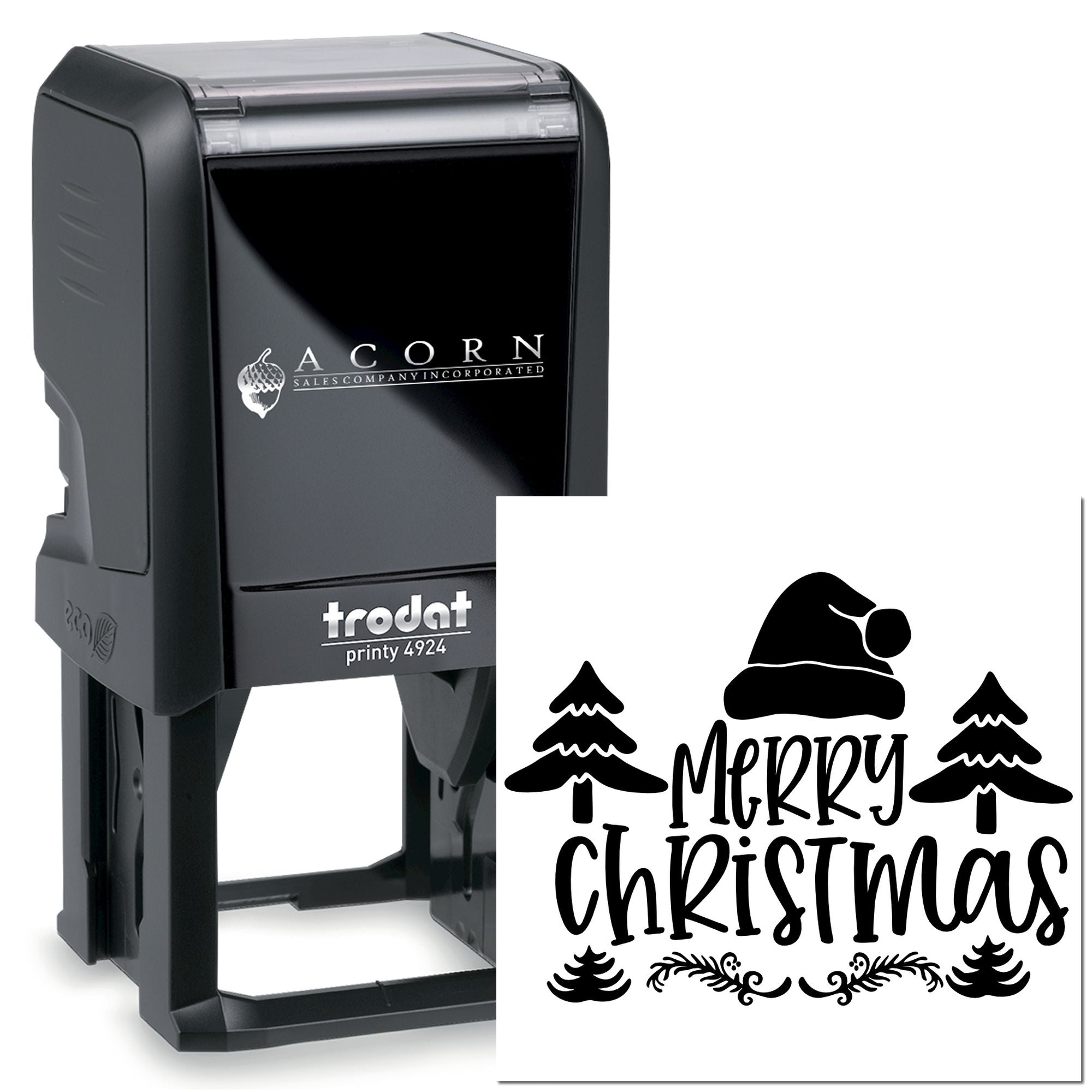 Custom Merry Christmas rubber stamp, Trodat Printy 4924 self-inking stamp for holiday cards and festive business mailings.