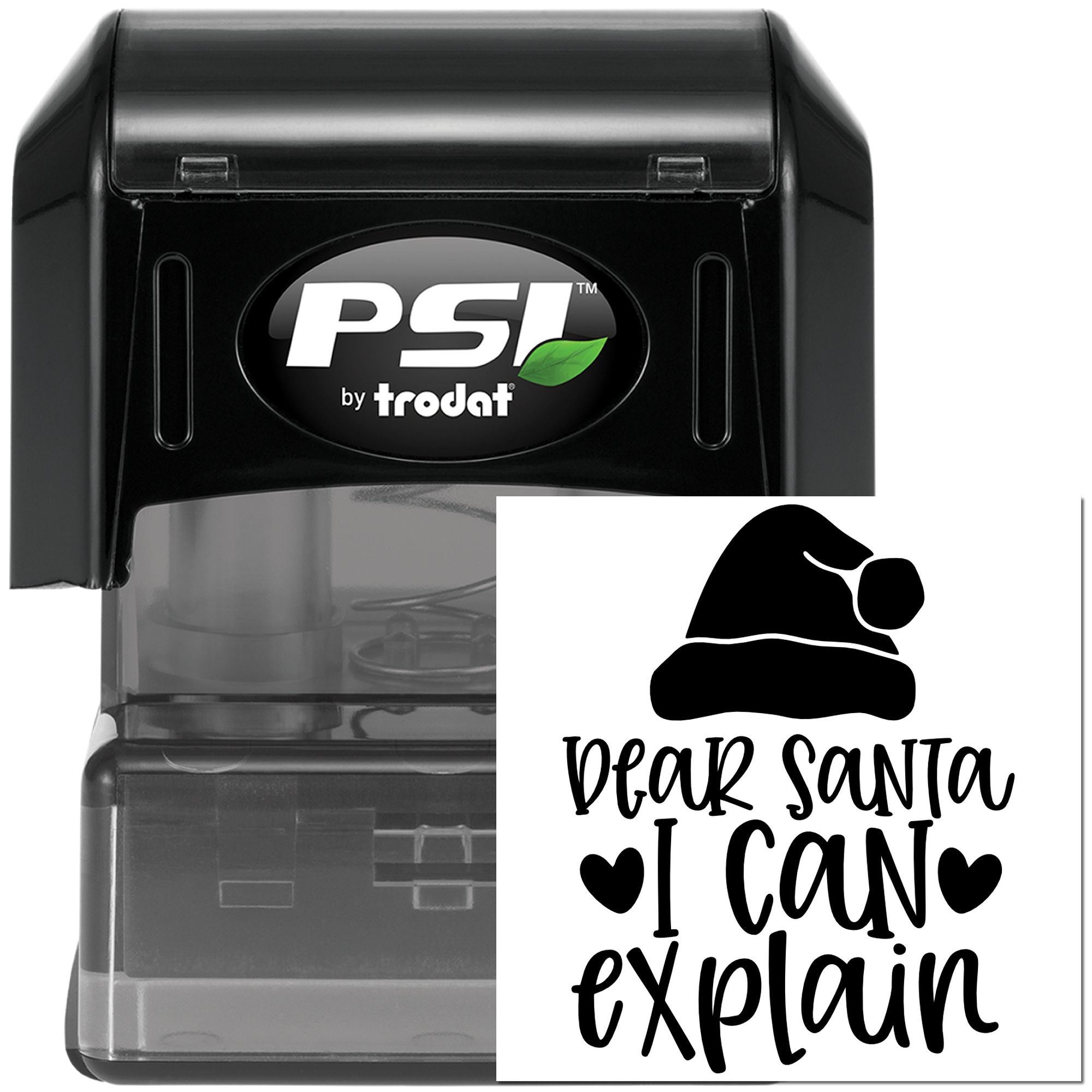 PSI by Trodat self-inking rubber stamp featuring Dear Santa, I Can Explain holiday design for Christmas cards and gifts.