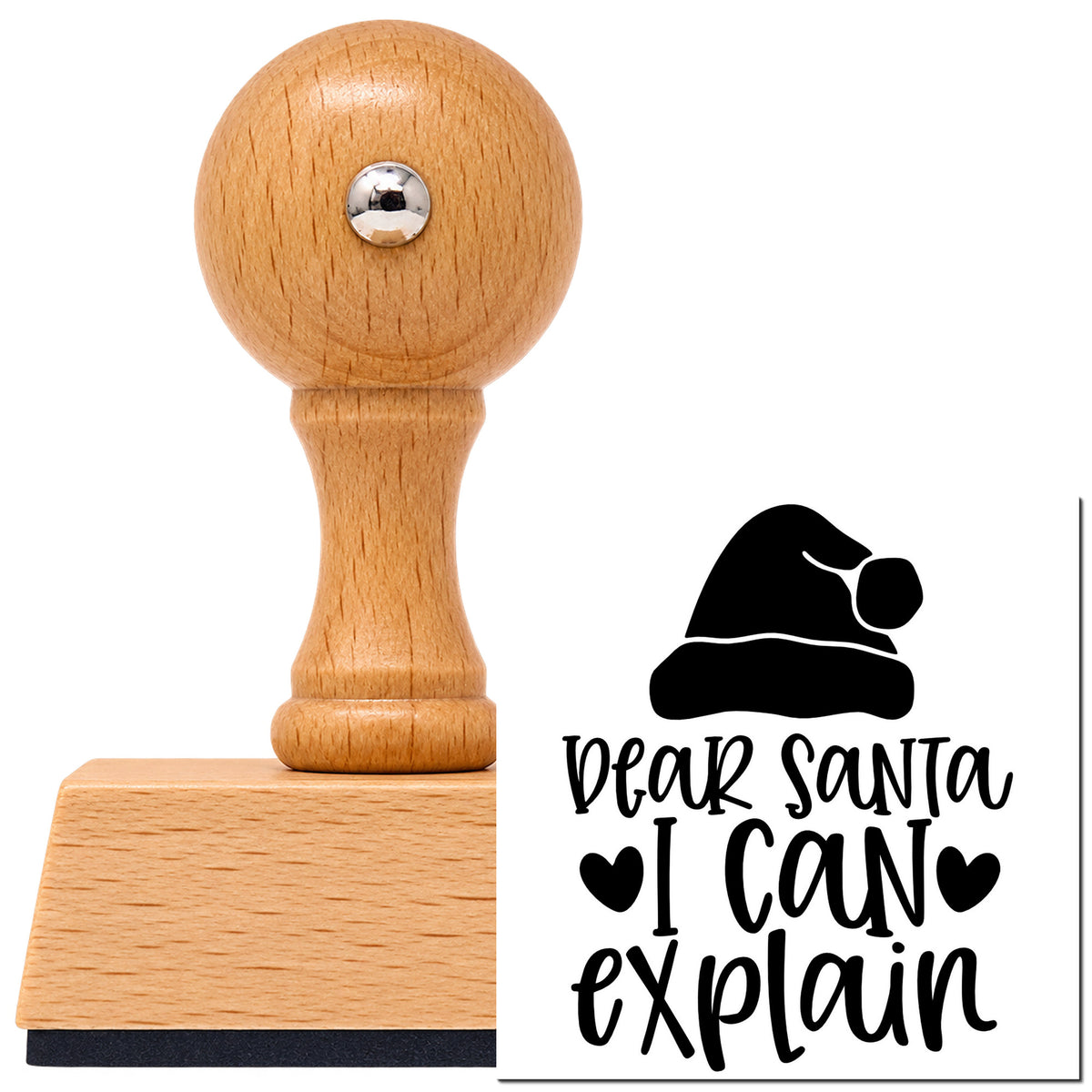 Dear Santa I Can Explain Hat Vintage Pro rubber stamp in European beech wood with a round knob handle, shown beside its black imprint.