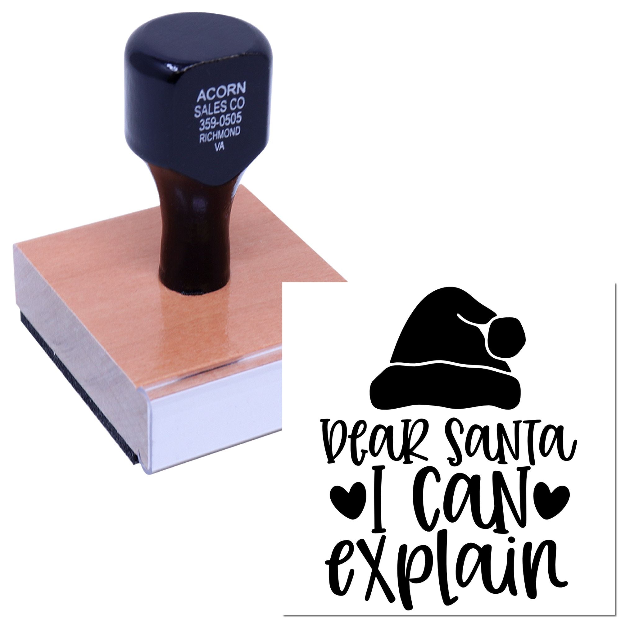 Wood-mounted rubber stamp with Dear Santa I Can Explain design for Christmas cards, crafts, and holiday packaging.