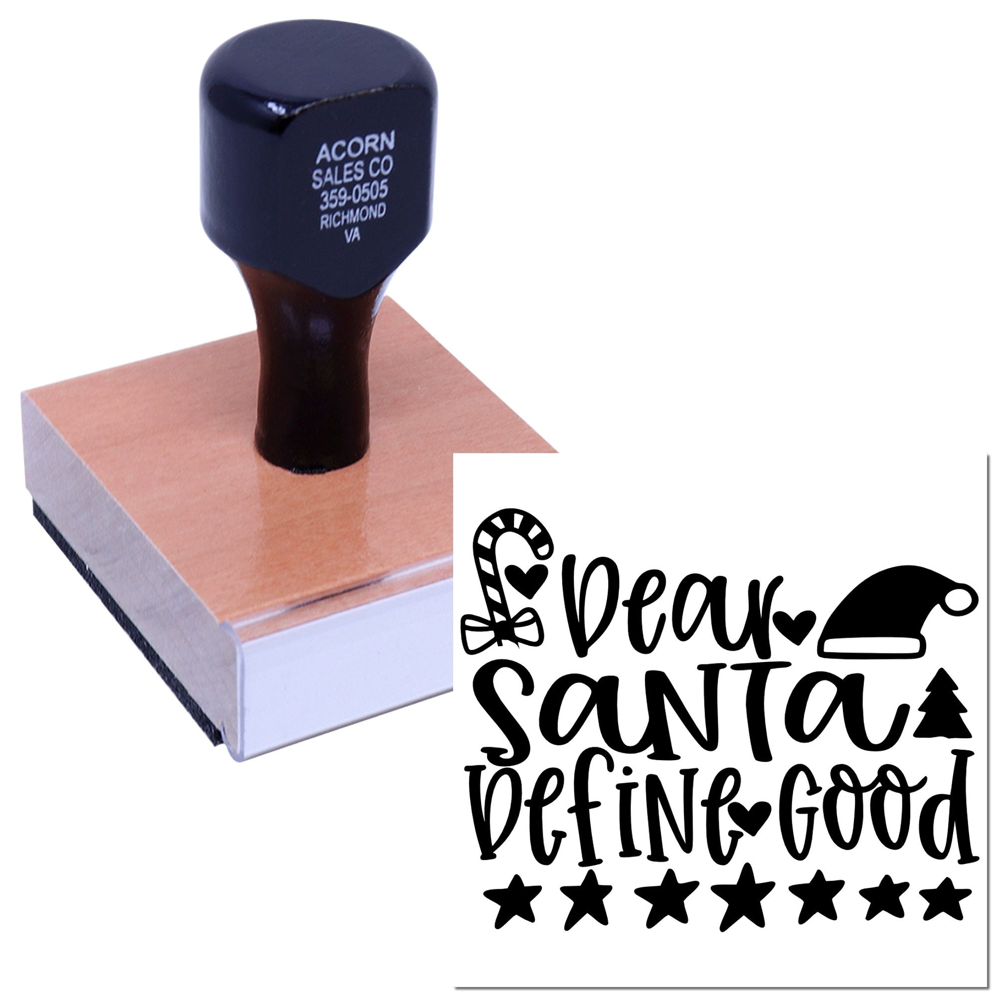 Wooden rubber stamp featuring Dear Santa Define Good holiday design for Christmas cards, gift tags, and crafts.