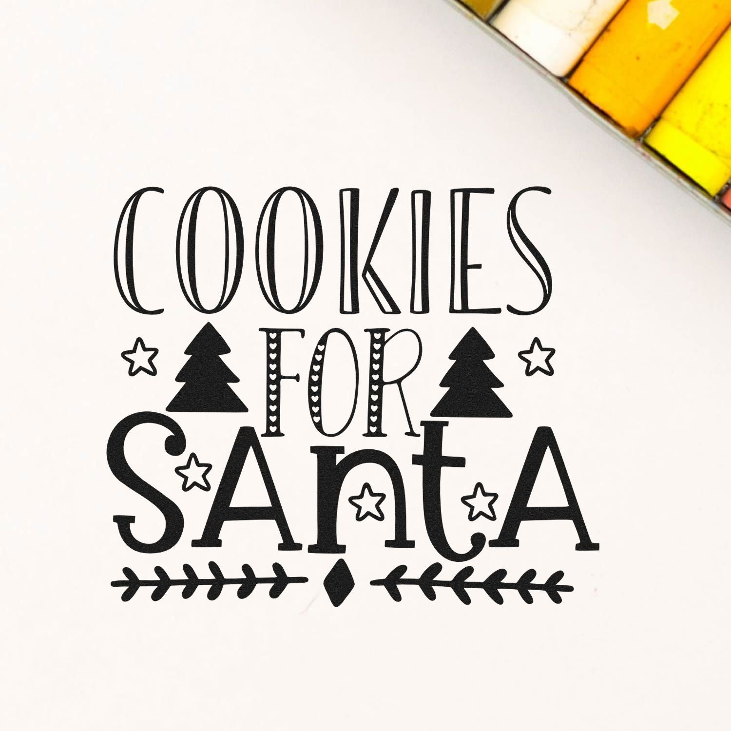 Cookies for Santa festive rubber stamp design with Christmas trees, stars, and decorative holiday lettering