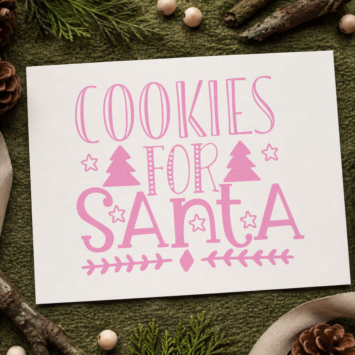 Cookies For Santa Trees craft stamp in purple ink on cardstock, an easy option for two part album page.