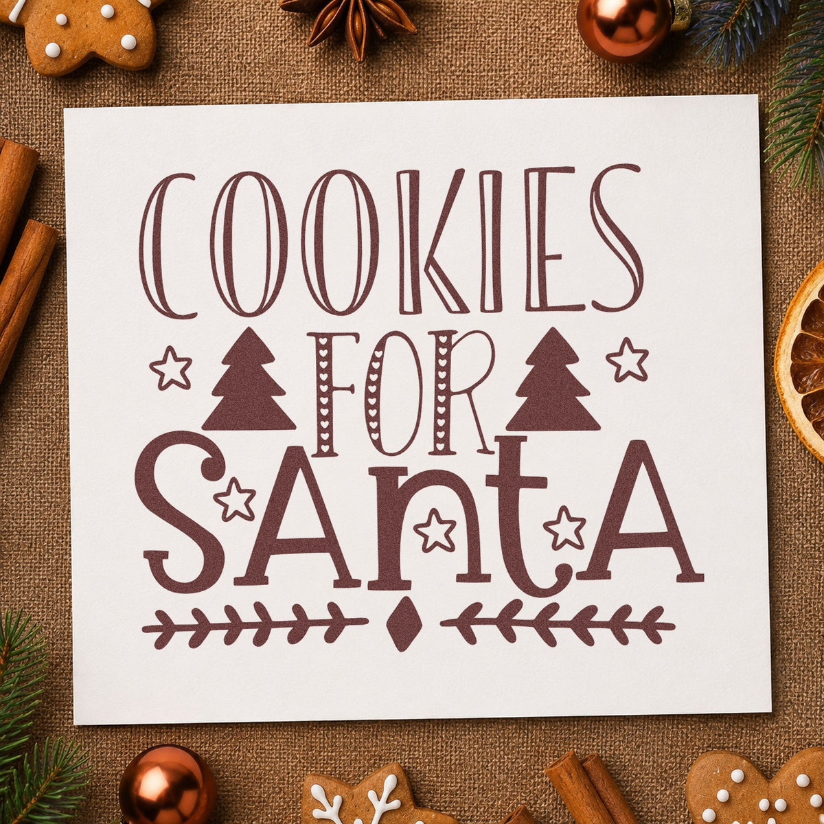 Cookies For Santa Trees rubber stamp printed in brown ink, ready for before after sheet and similar paper crafts.