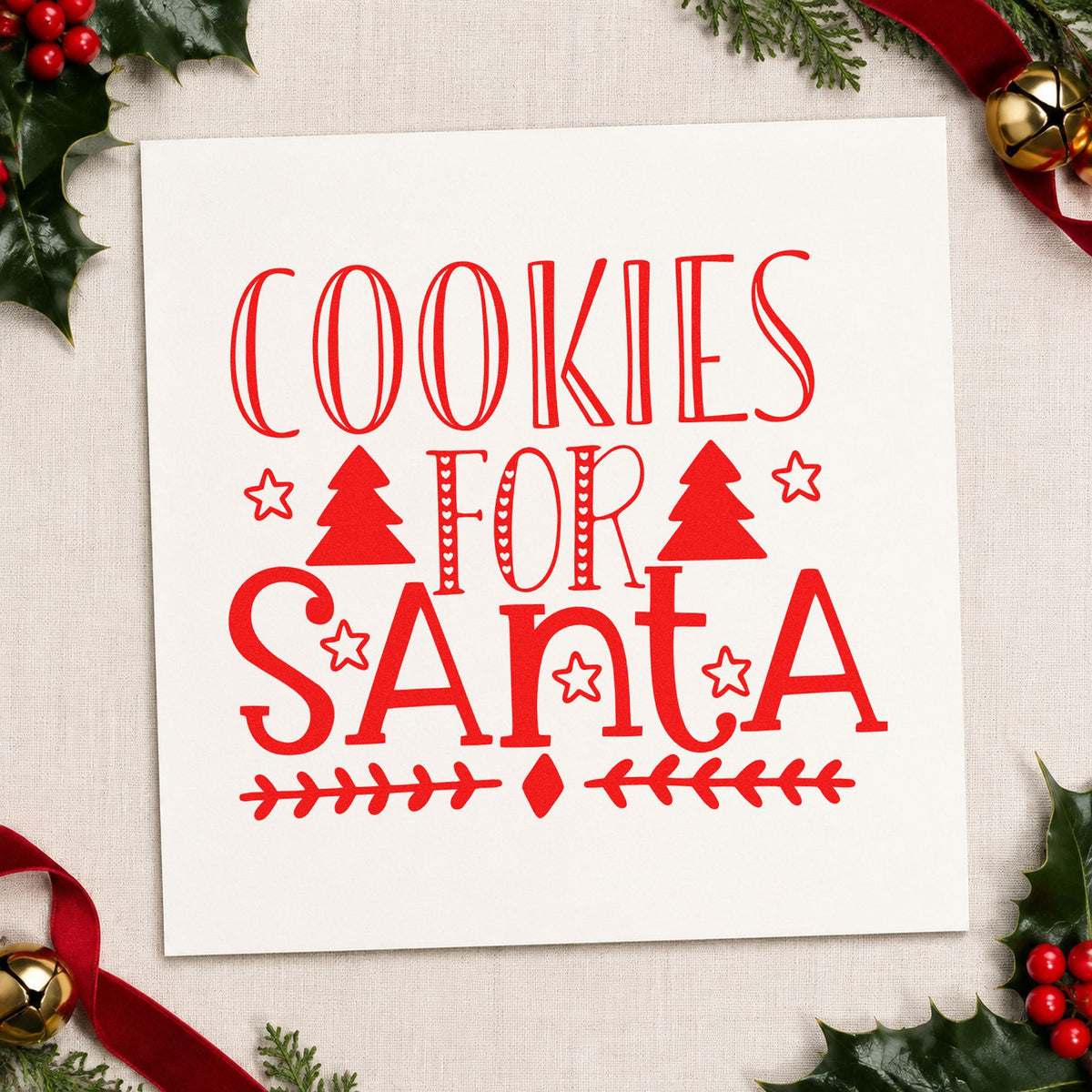 Cookies For Santa Trees rubber stamp shown in red ink, stamped for projects such as bin section labels.