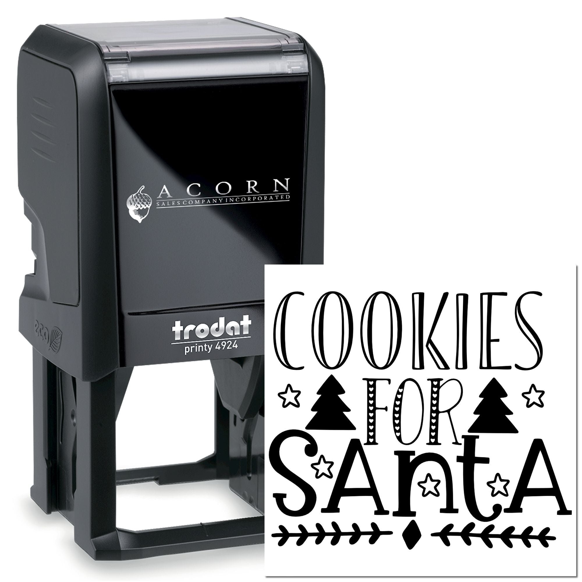 Personalized self-inking rubber stamp with Cookies for Santa design, perfect for Christmas cookie packaging and holiday gifts.
