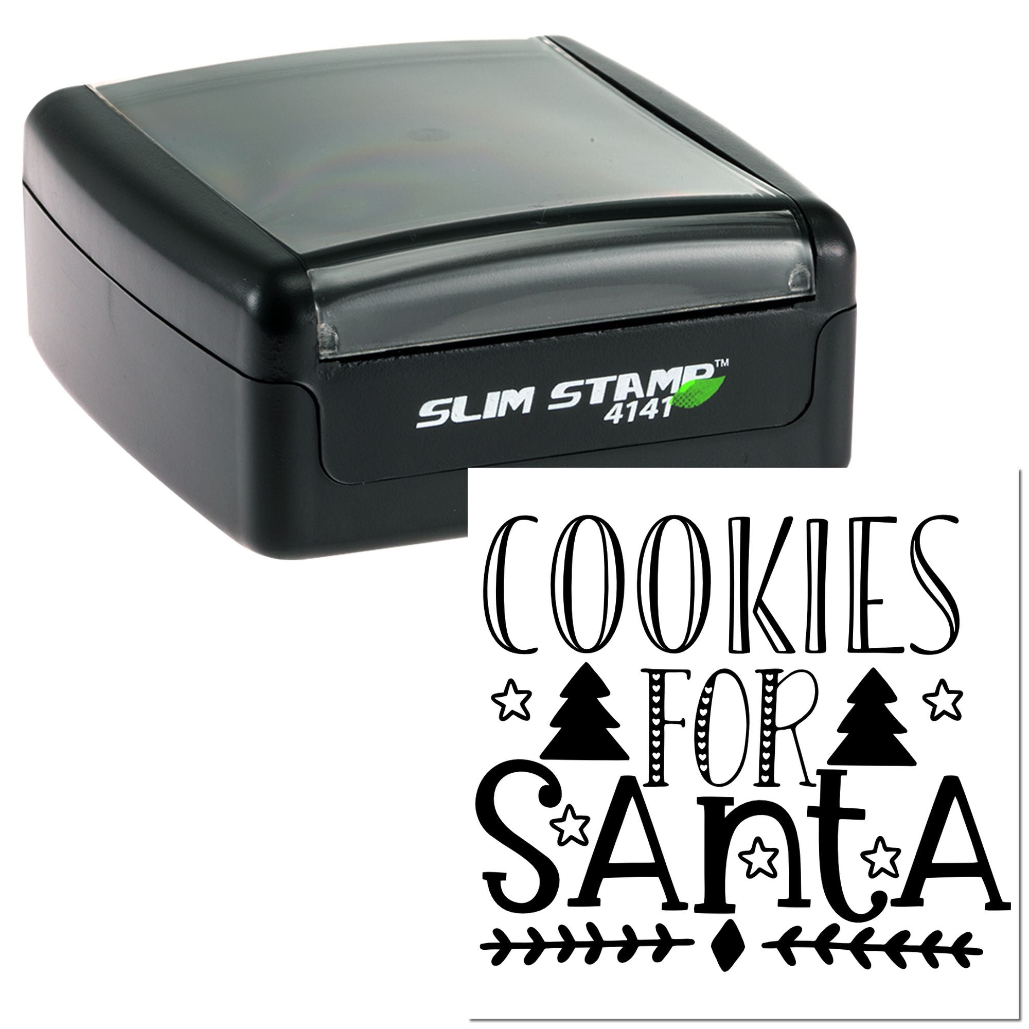 Slim self-inking rubber stamp with Cookies for Santa design for holiday baking, gift tags, and Christmas packaging.