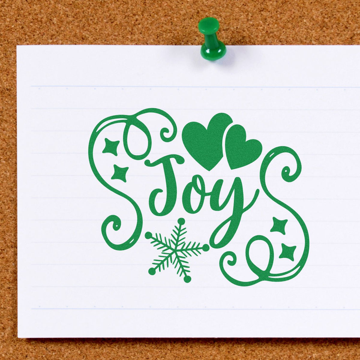 Green Joy rubber stamp design with hearts and snowflake, perfect for Christmas card making and festive paper crafts.