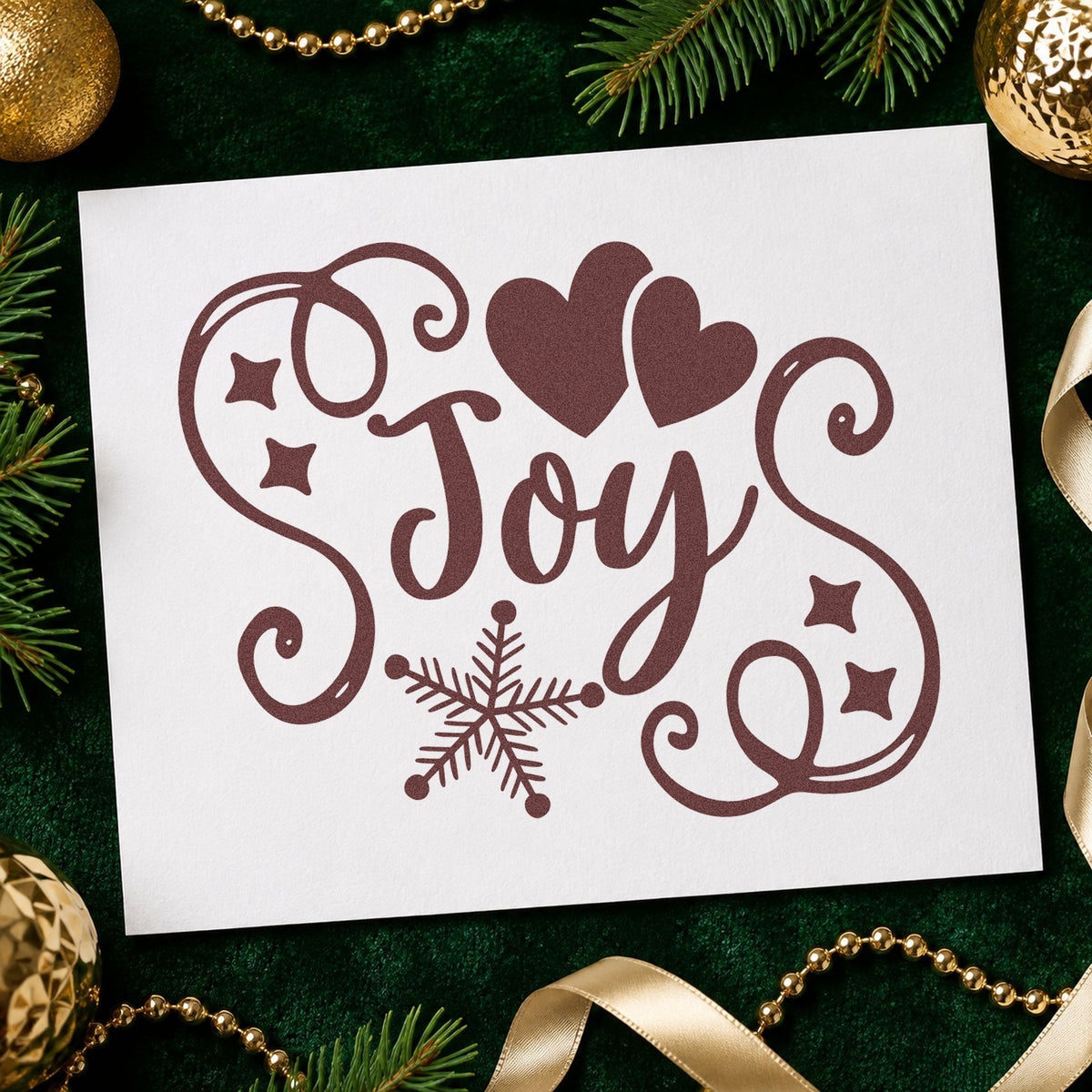 Joy Hearts Snowflake Flourish rubber stamp printed in brown ink, ready for kindness log sheet and similar paper crafts.