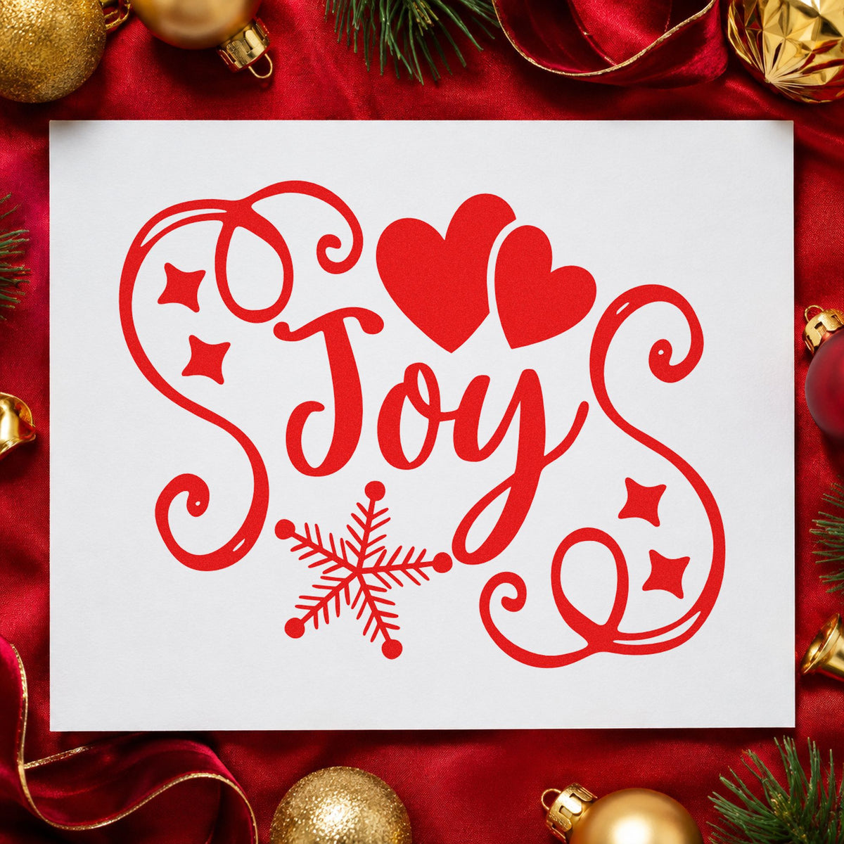 Joy Hearts Snowflake Flourish rubber stamp shown in red ink, stamped for projects such as candle jar labels.