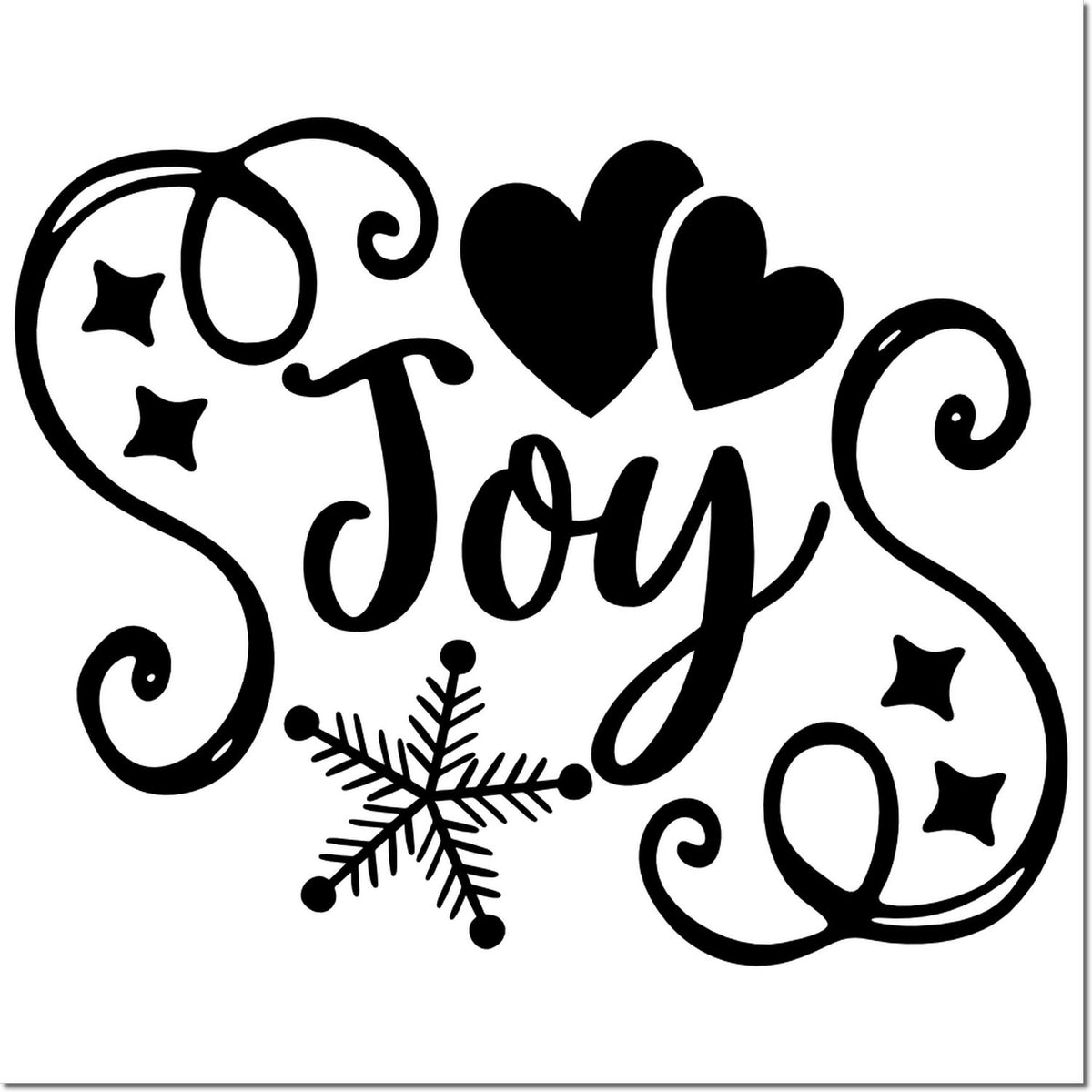 Joy holiday rubber stamp design with hearts, snowflake, and decorative swirls