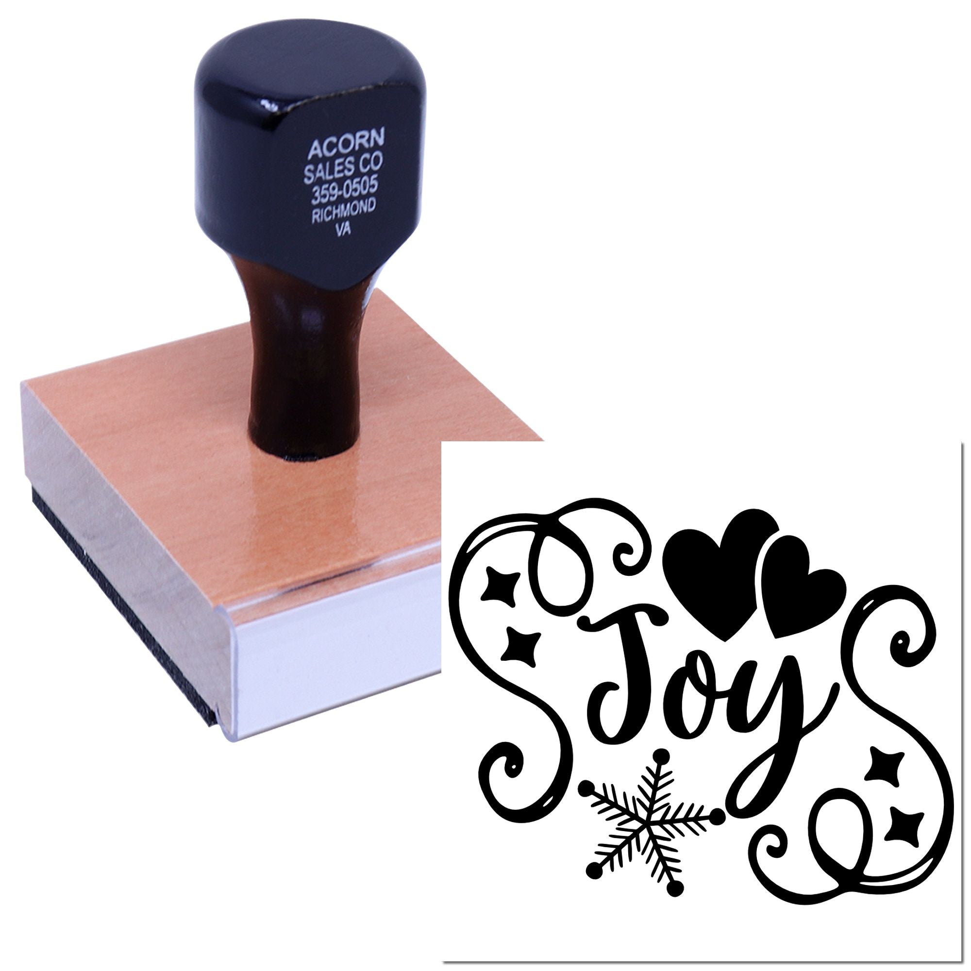 Custom holiday rubber stamp with Joy design, hearts and snowflake, ideal for festive card making and craft projects.
