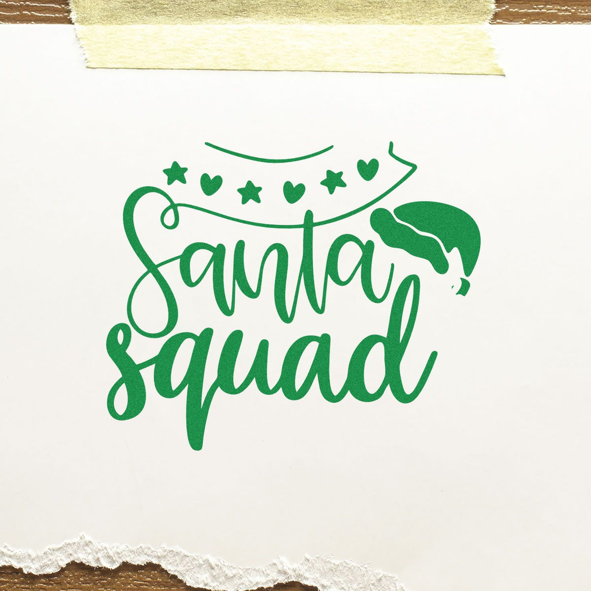 Santa Squad rubber stamp design in green with Santa hat, stars and hearts for festive holiday crafts