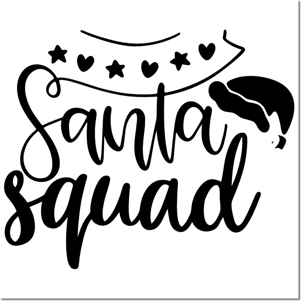 Santa Squad Christmas rubber stamp design with stars, hearts, and Santa hat for holiday crafts