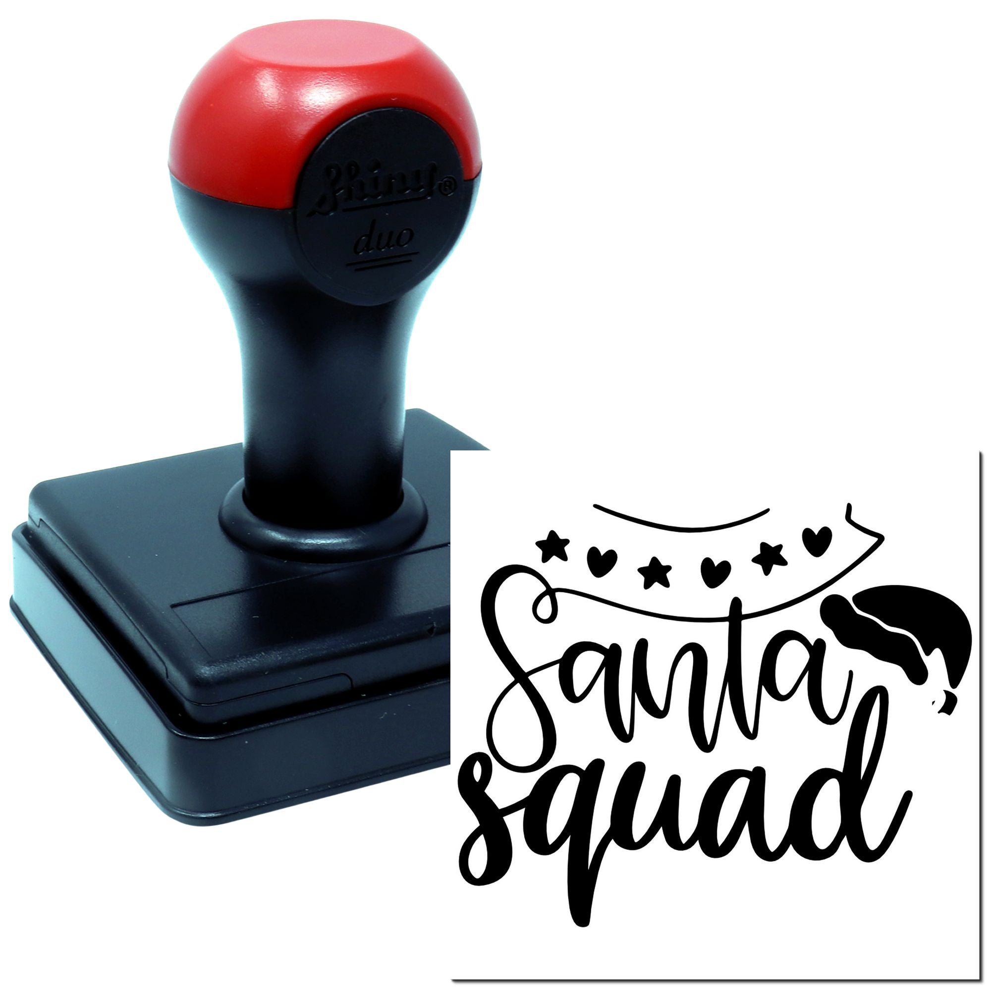 Custom self-inking Santa Squad rubber stamp with festive stars, hearts and Santa hat design for holiday crafts