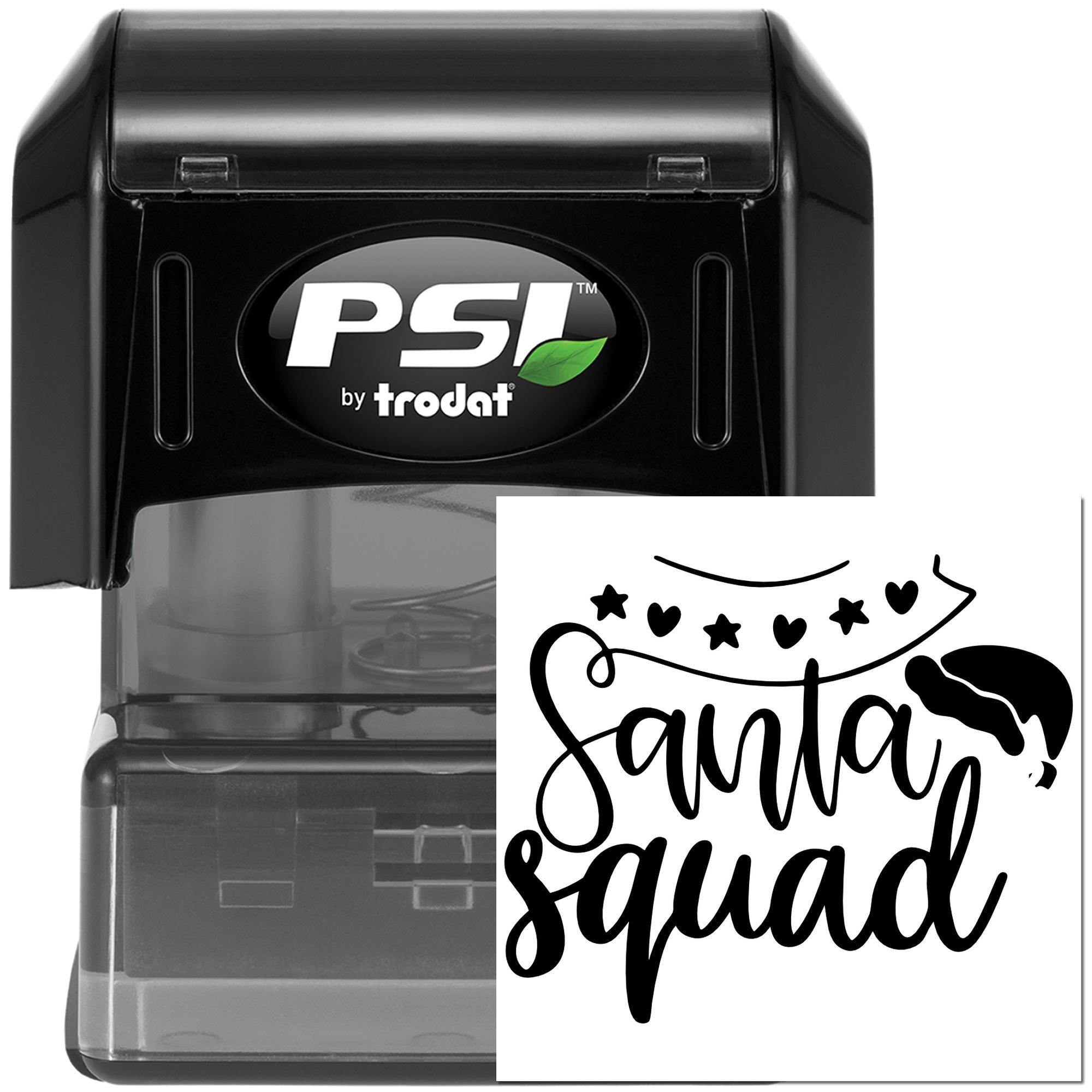 Personalized self-inking rubber stamp with Santa Squad design for holiday cards, crafts, gift tags and festive packaging.