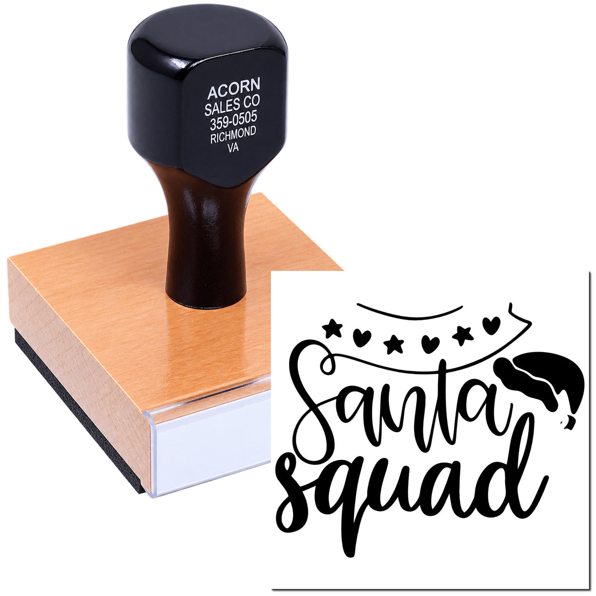Custom Santa Squad rubber stamp for holiday crafts, featuring festive lettering, stars, and a Santa hat design.