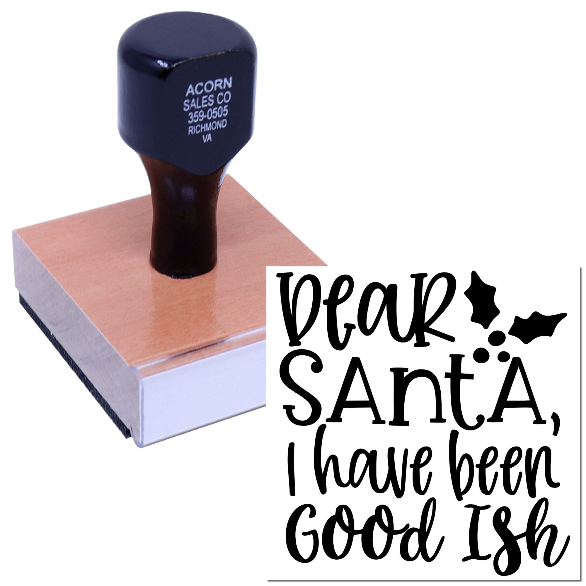 Personalized rubber stamp for Christmas cards featuring Dear Santa text, perfect for holiday crafts and gift tags.