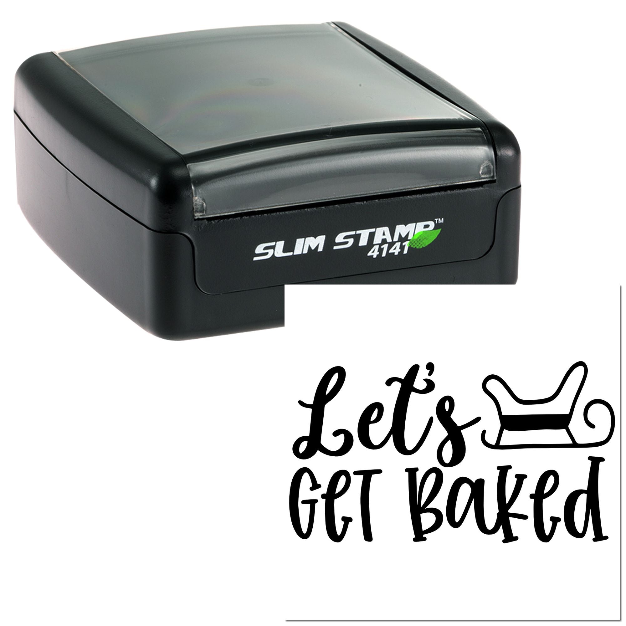Custom self-inking rubber stamp with Lets Get Baked design for baking-themed branding and packaging.