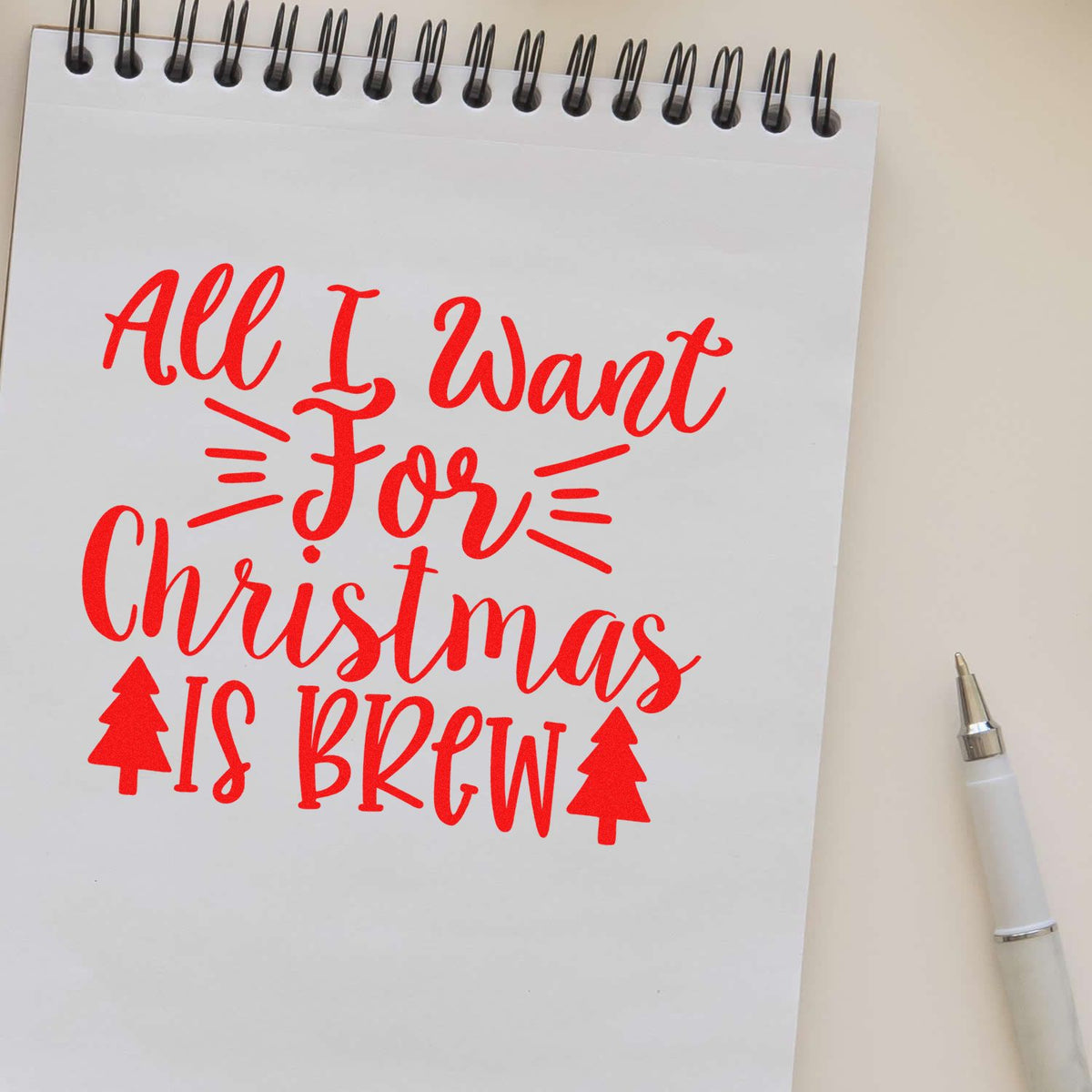 All I Want Is Brew rubber stamp shown in red ink, stamped for projects such as tap list album page.
