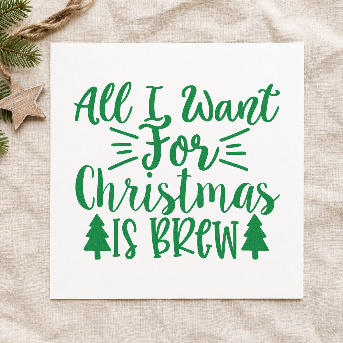 All I Want Is Brew craft stamp imprint in green ink on a handmade project, one idea being can sleeve gift tags.