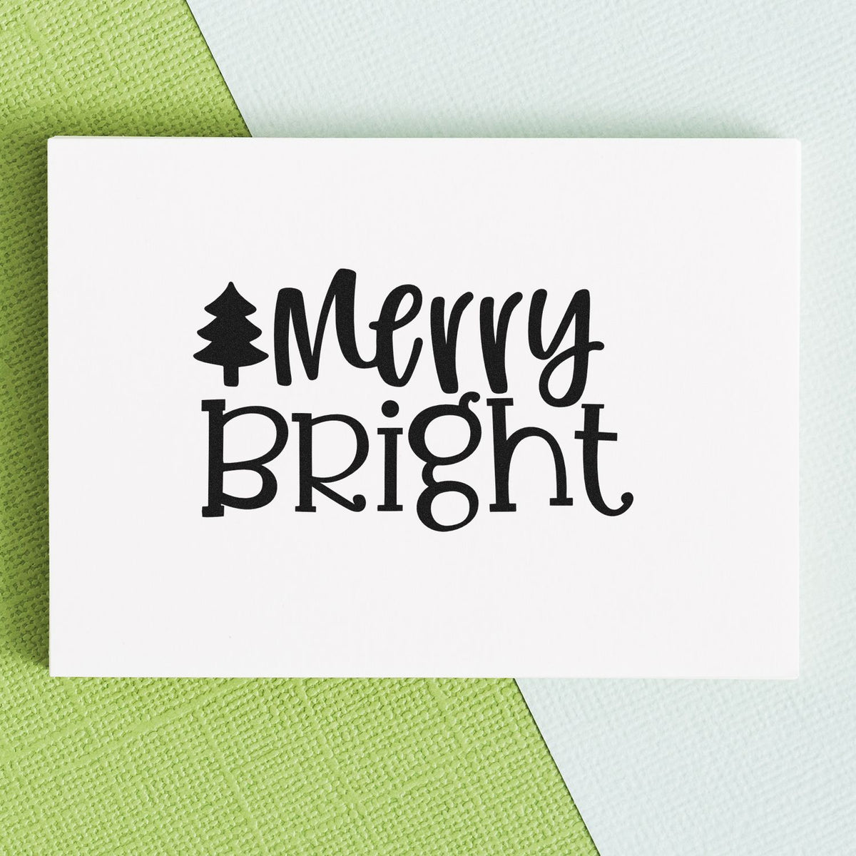 Merry Bright Christmas rubber stamp for holiday cards, scrapbook layouts, and festive DIY crafts with tree icon.