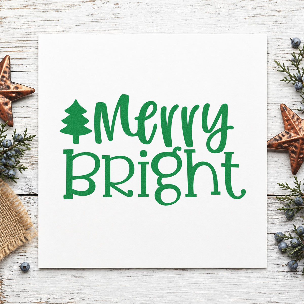 Merry Bright Christmas Tree craft stamp imprinted in green ink on paper, a design suited to framed narrow ledge.