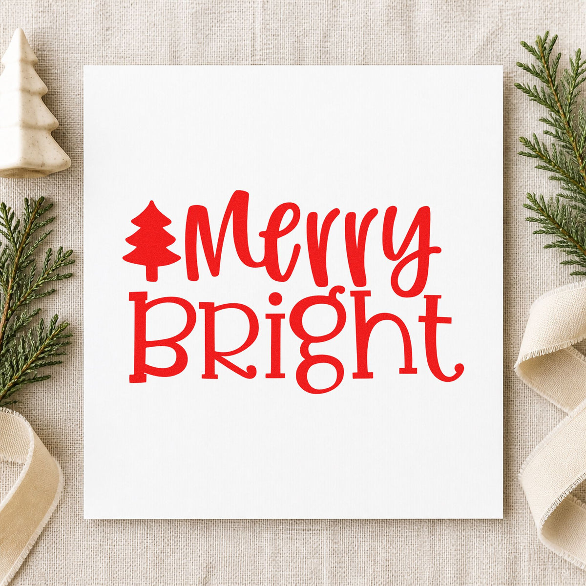 Merry Bright Christmas Tree rubber stamp shown in red ink, stamped for projects such as jar lid labels.