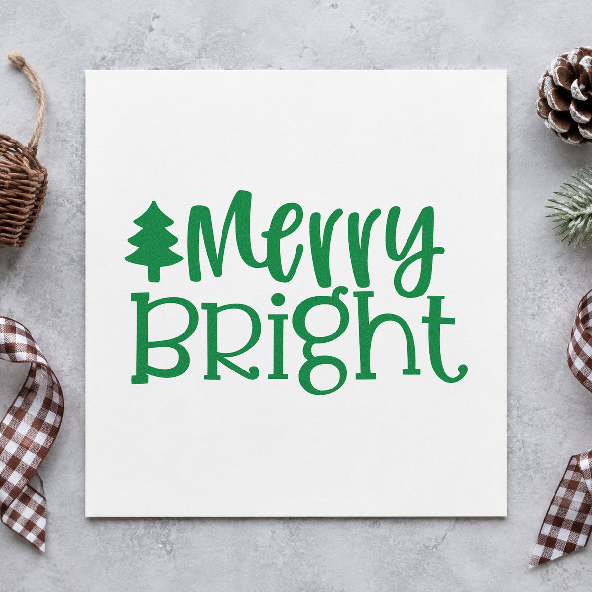 Merry Bright Christmas Tree craft stamp imprint in green ink on a handmade project, one idea being place marker cards.