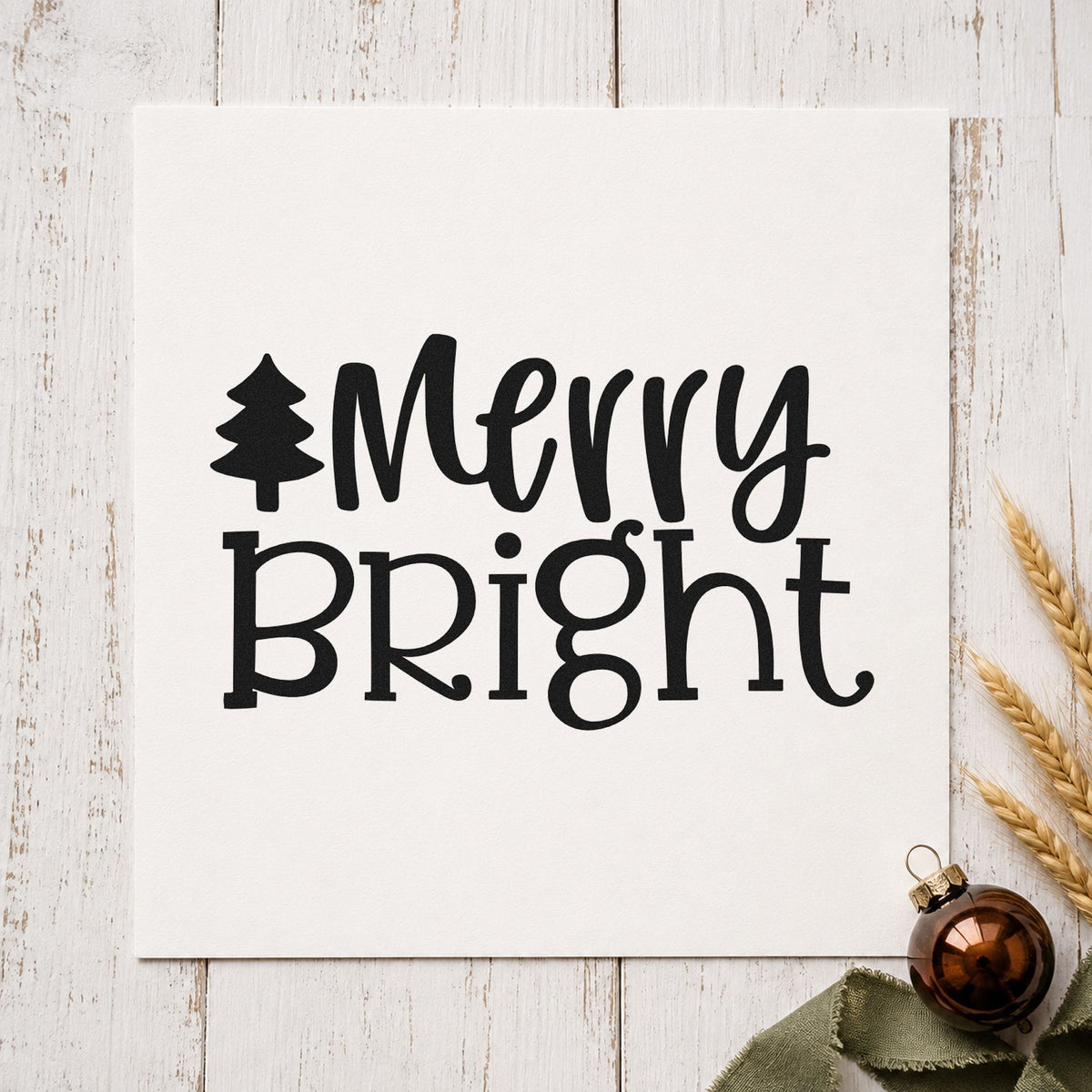 Merry Bright Christmas Tree rubber stamp printed in black ink, ready for solid tree pair cards and similar paper crafts.
