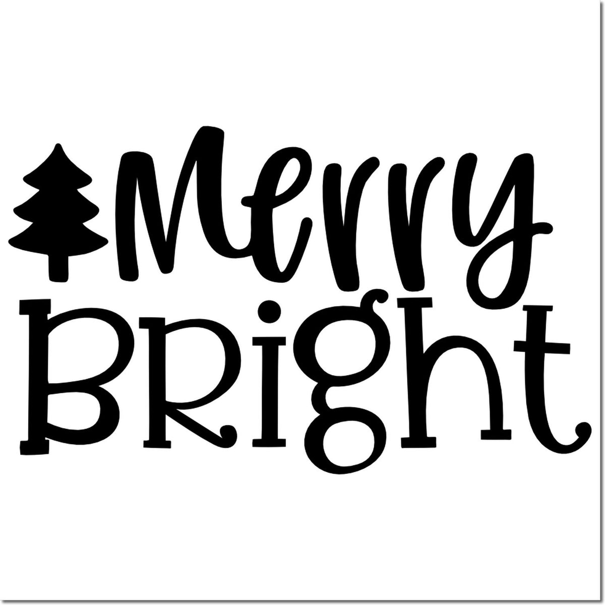 Merry Bright Christmas rubber stamp design with tree icon for holiday cards, crafts, and festive packaging.