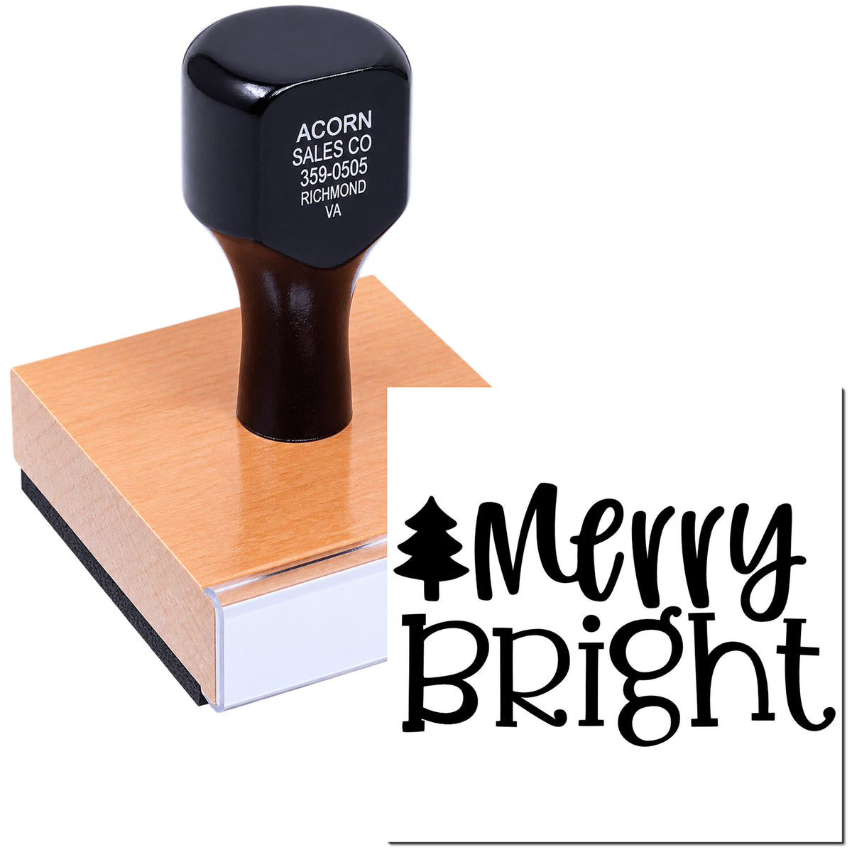 Custom wooden rubber stamp with Merry Bright Christmas design for holiday cards, crafts, and packaging