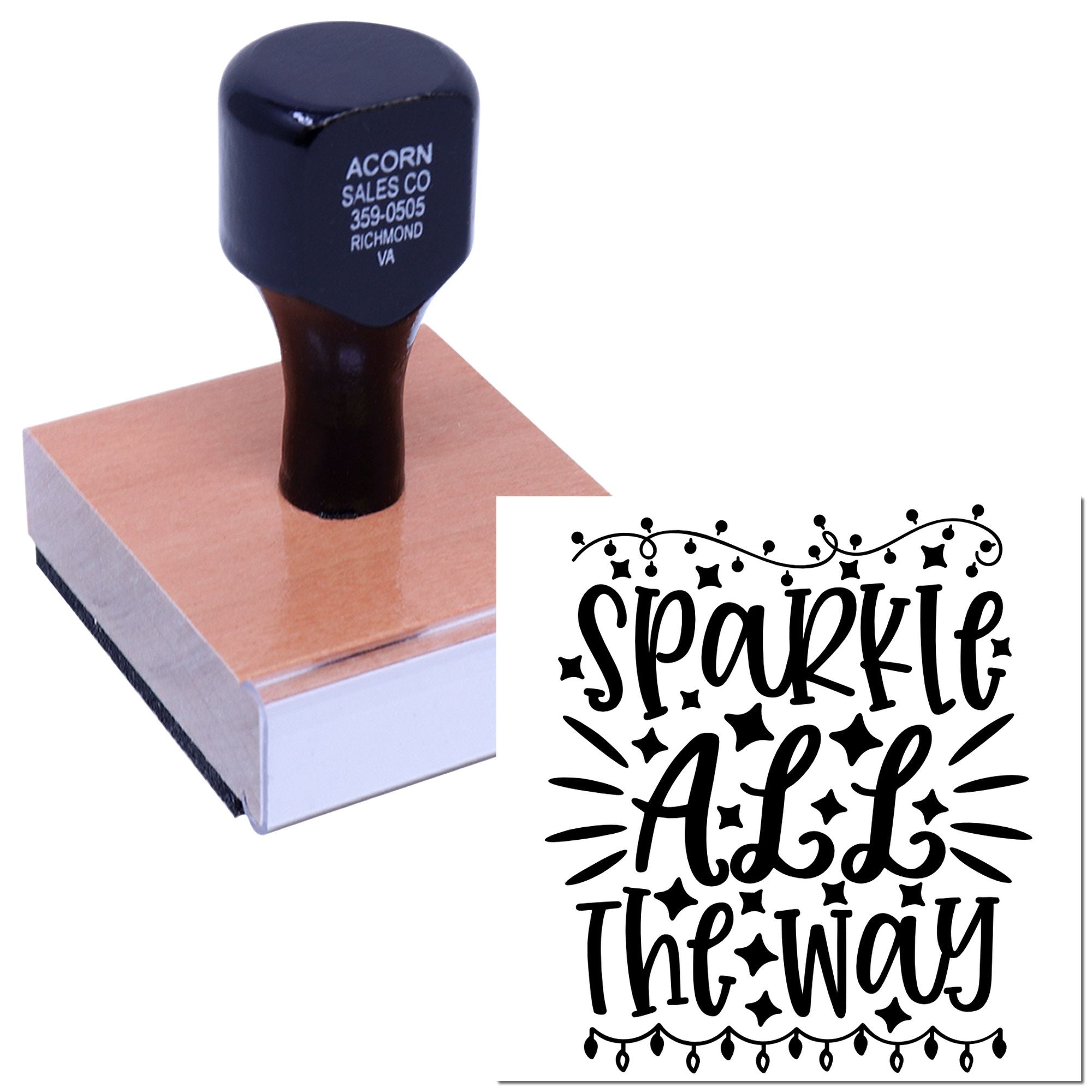 Custom rubber stamp featuring Sparkle All The Way design for holiday cards, gift tags, and festive packaging.