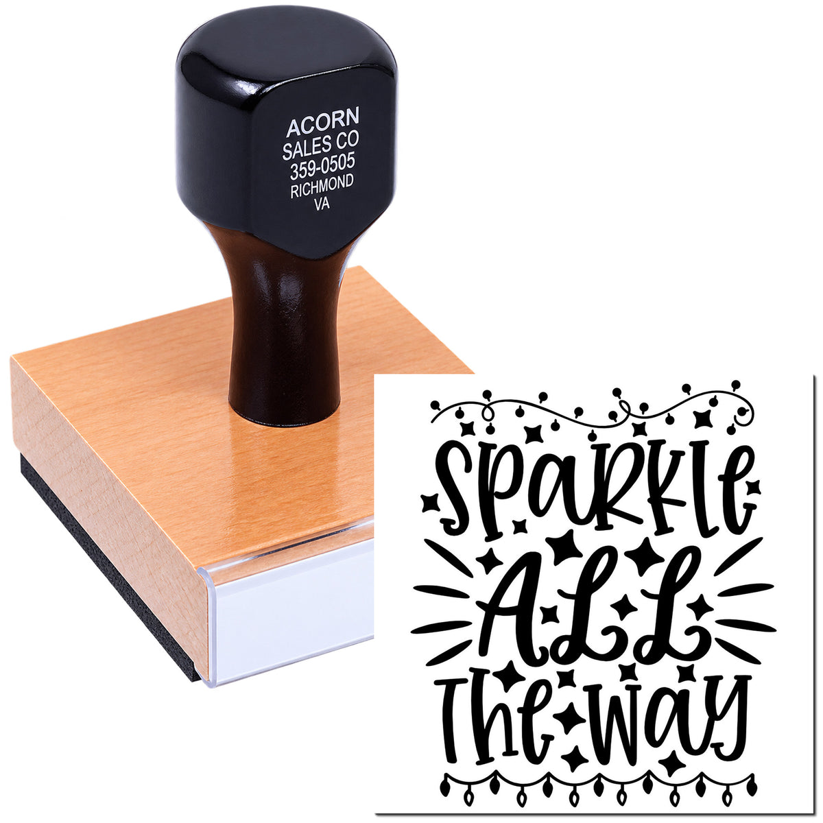 Custom rubber stamp featuring Sparkle All The Way design for holiday cards, gift tags, and festive packaging.