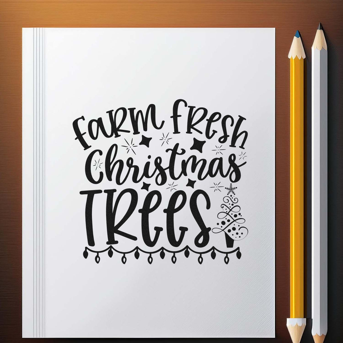 Farm Fresh Christmas Trees rubber stamp design with festive holiday lettering for Christmas crafts and handmade gift tags