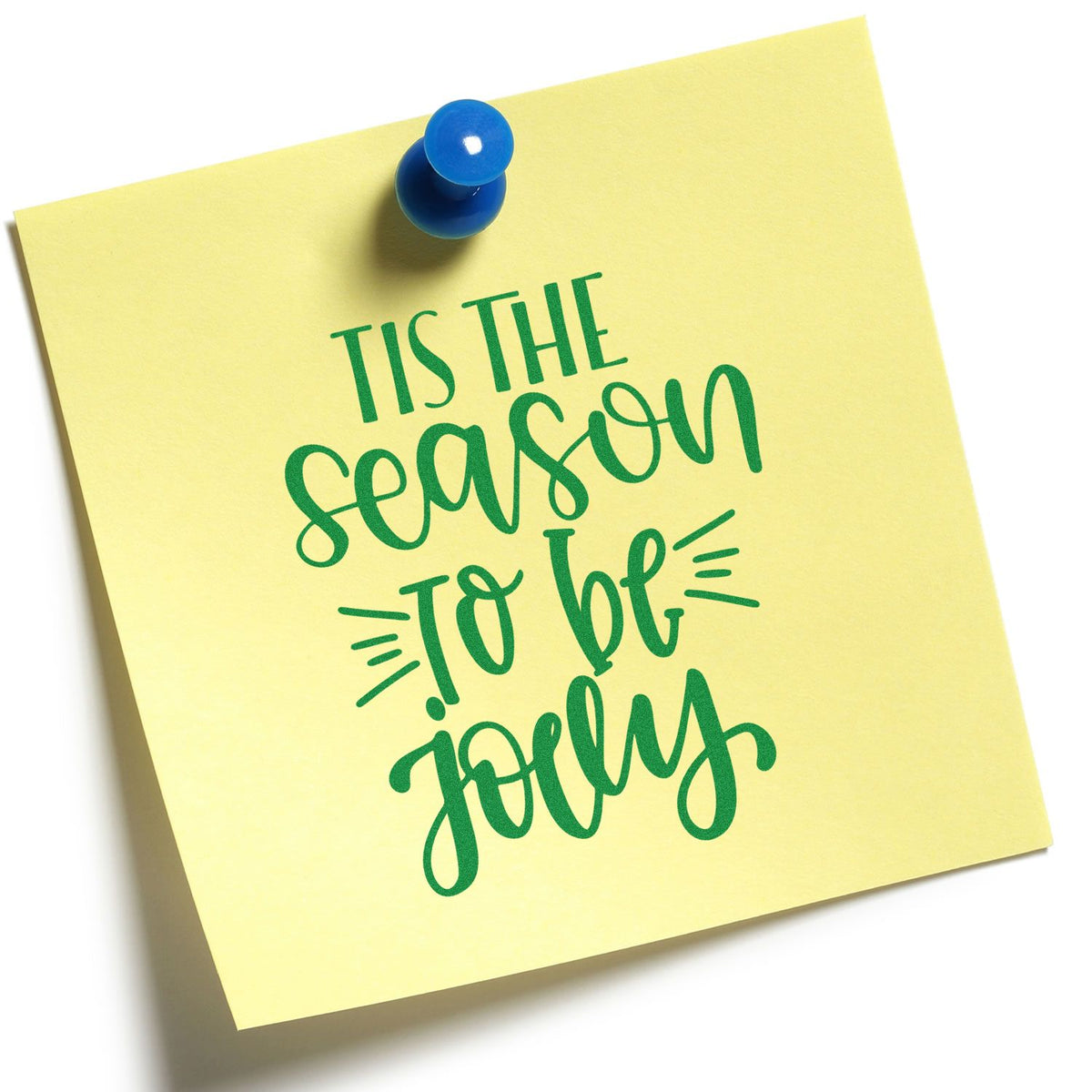 Festive Tis the season to be jolly holiday rubber stamp design on a yellow sticky note.