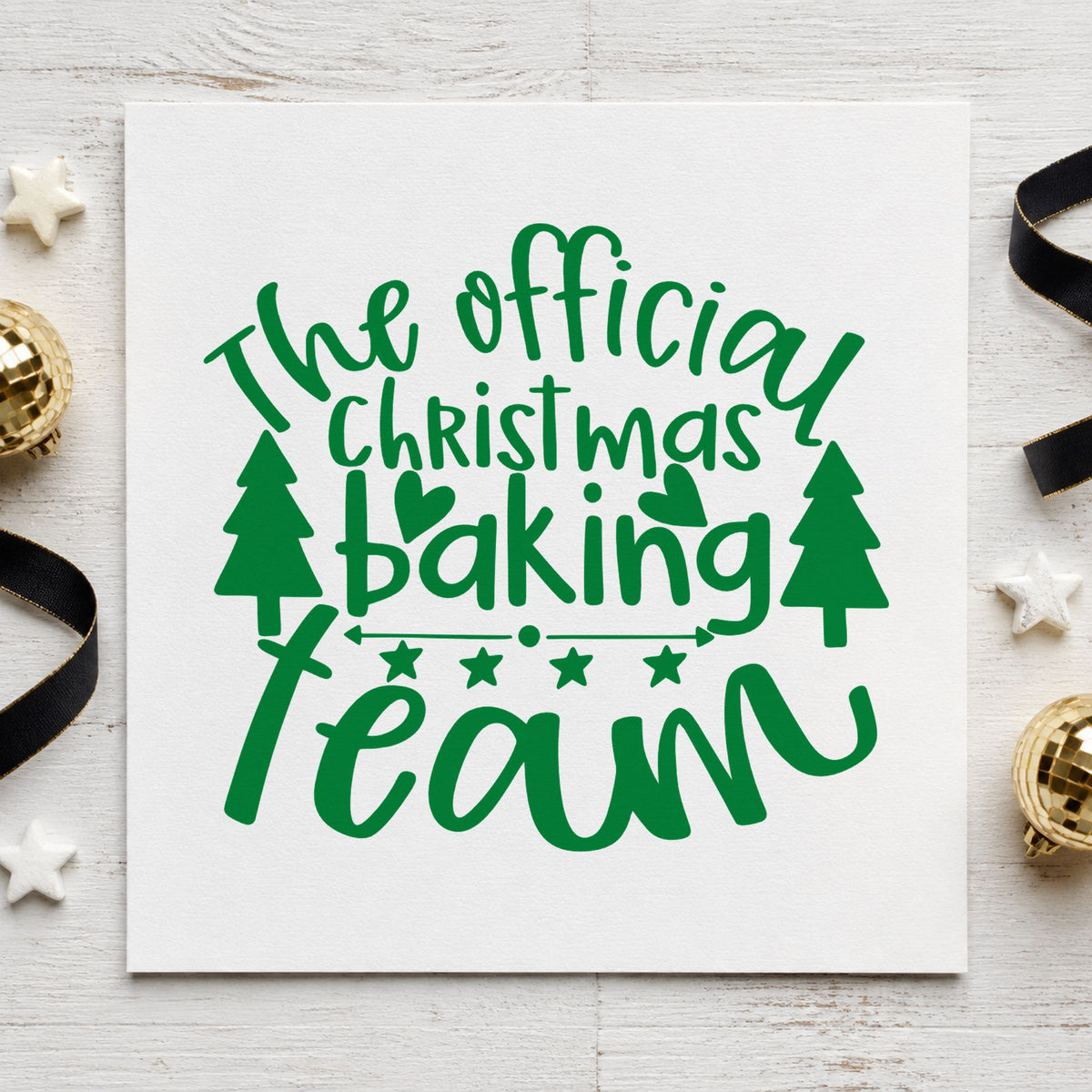 Official Christmas Baking Team craft stamp imprint in green ink on a handmade project, one idea being bracket sheet cards.