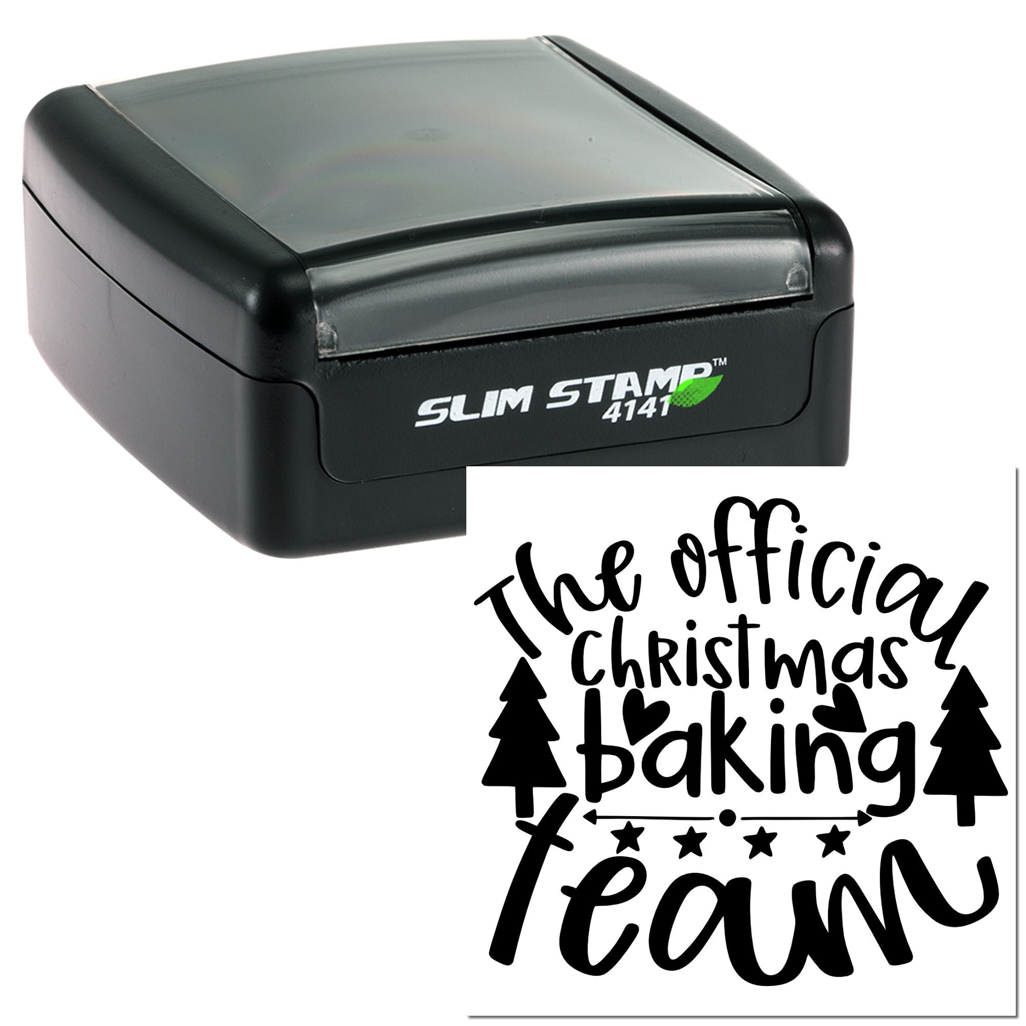 Self-inking slim stamp with The official Christmas baking team design for festive holiday baking packaging, cards, and gifts.