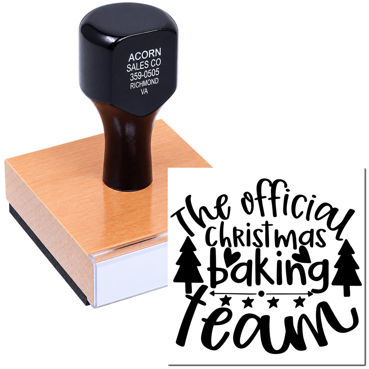 Custom Christmas baking rubber stamp with festive tree design, shown on a mounted stamp block for holiday kitchen use.