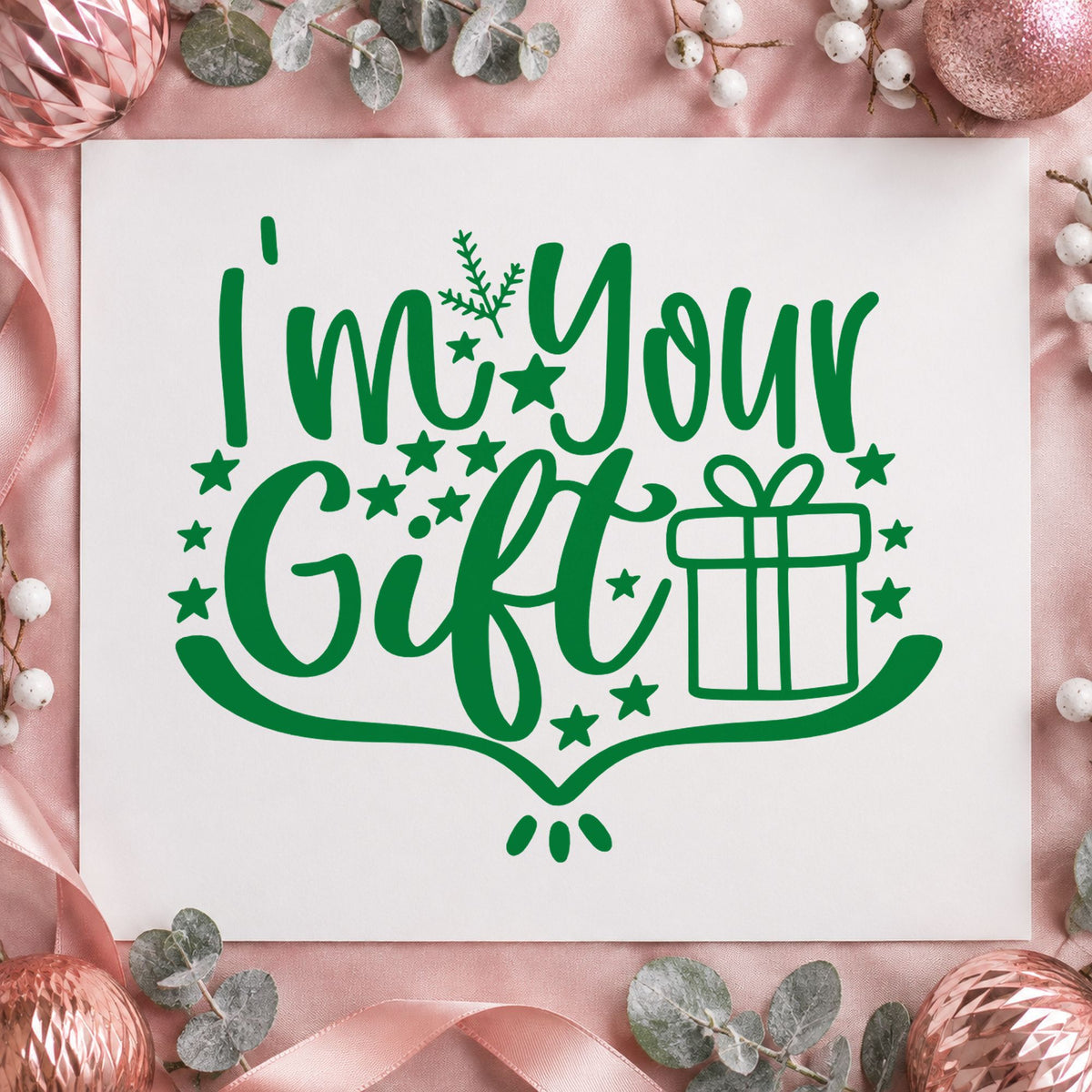 I'm Your Gift Present craft stamp imprint in green ink on a handmade project, one idea being anniversary menus.