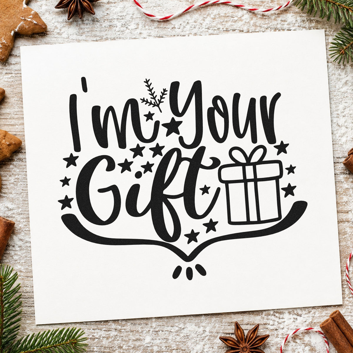 I'm Your Gift Present rubber stamp printed in black ink, ready for im your gift cards and similar paper crafts.